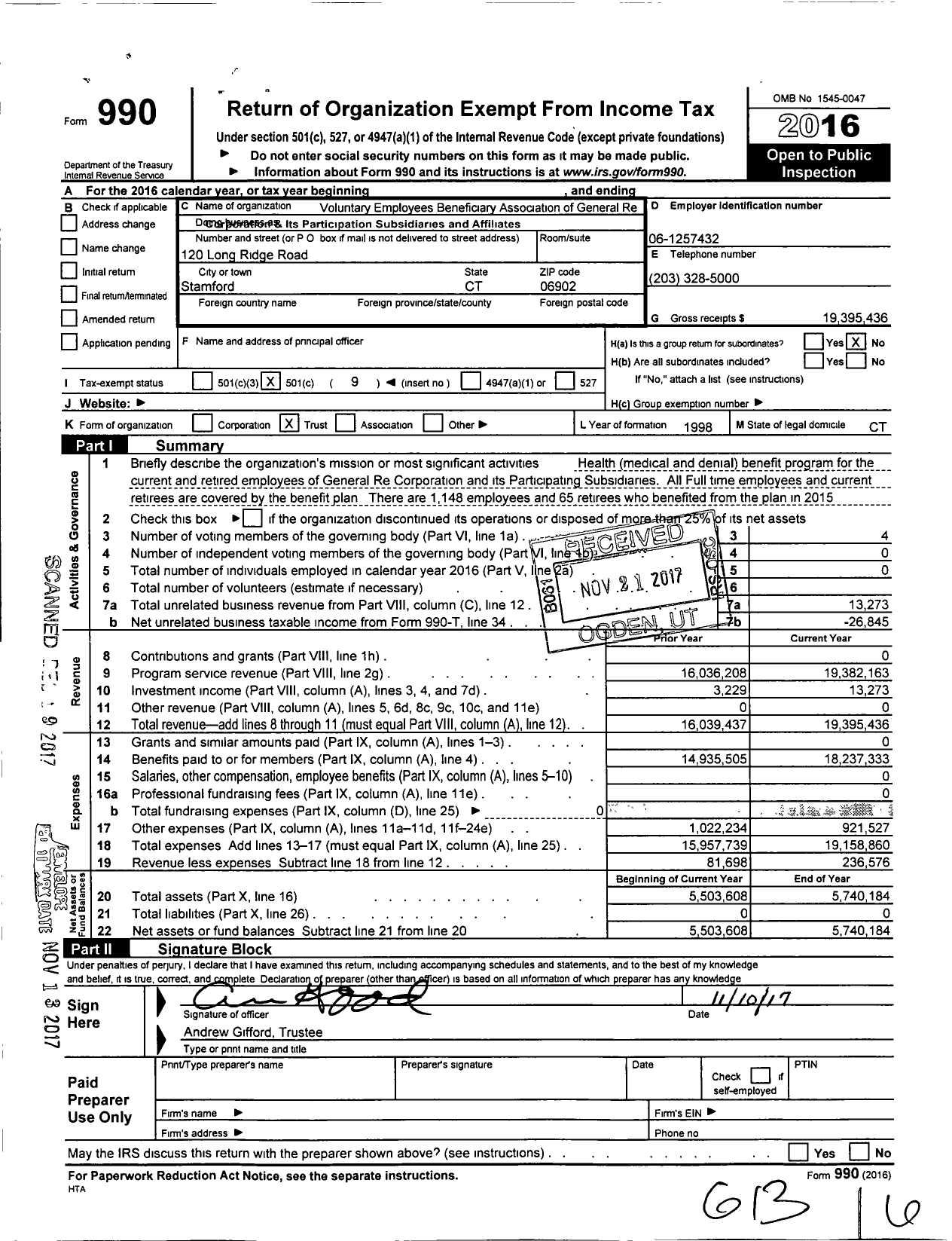 Image of first page of 2016 Form 990O for Voluntary Employees Beneficiary Association of General Re Corp and Part Sub