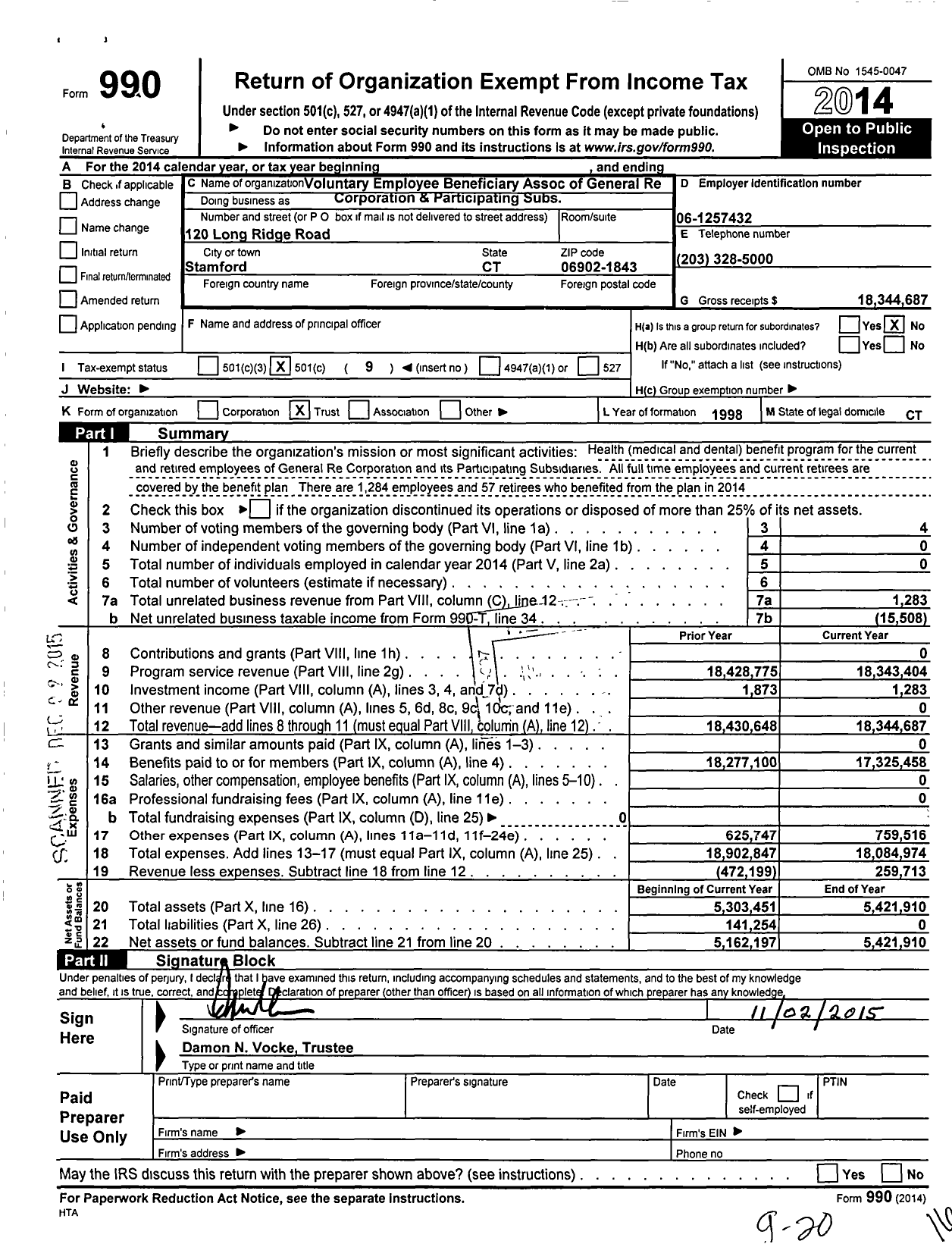 Image of first page of 2014 Form 990O for Voluntary Employees Beneficiary Association of General Re Corp and Part Sub
