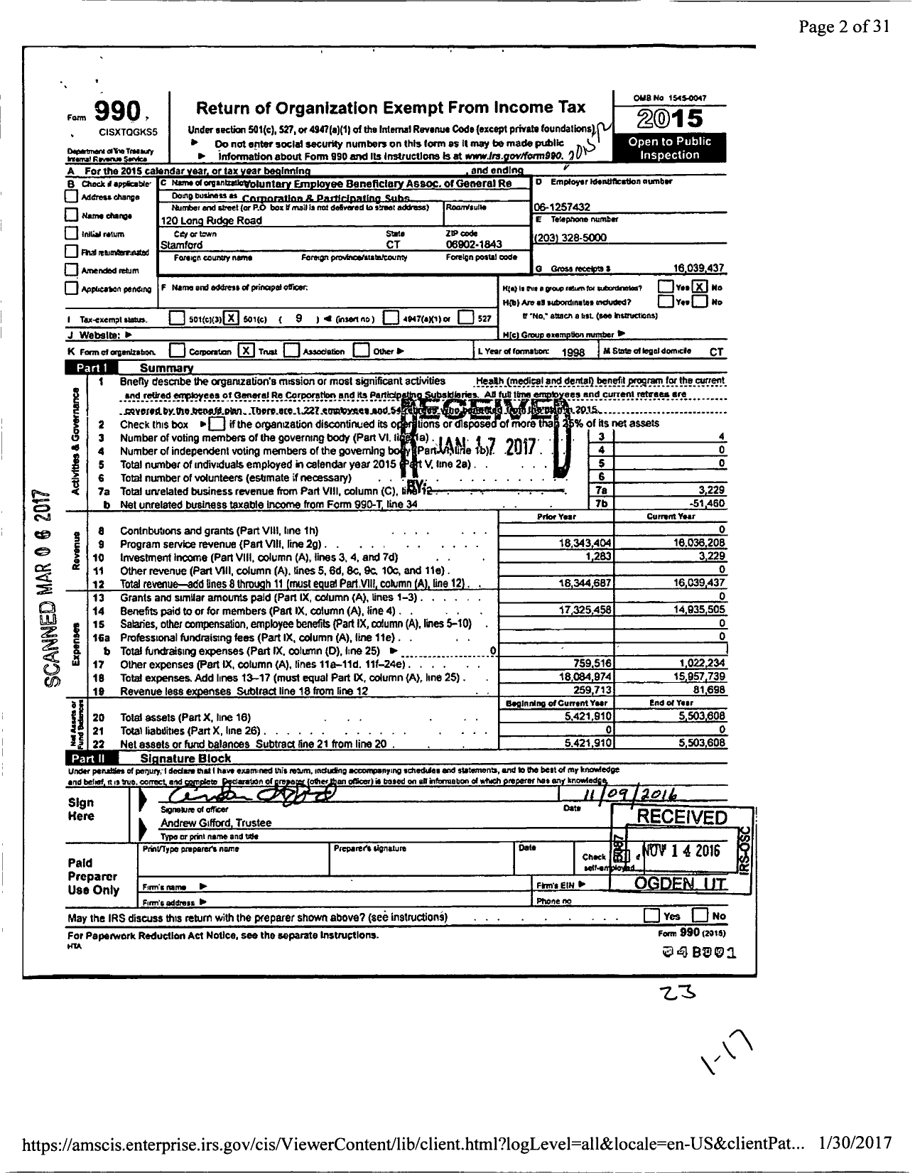 Image of first page of 2015 Form 990O for Voluntary Employees Beneficiary Association of General Re Corp and Part Sub
