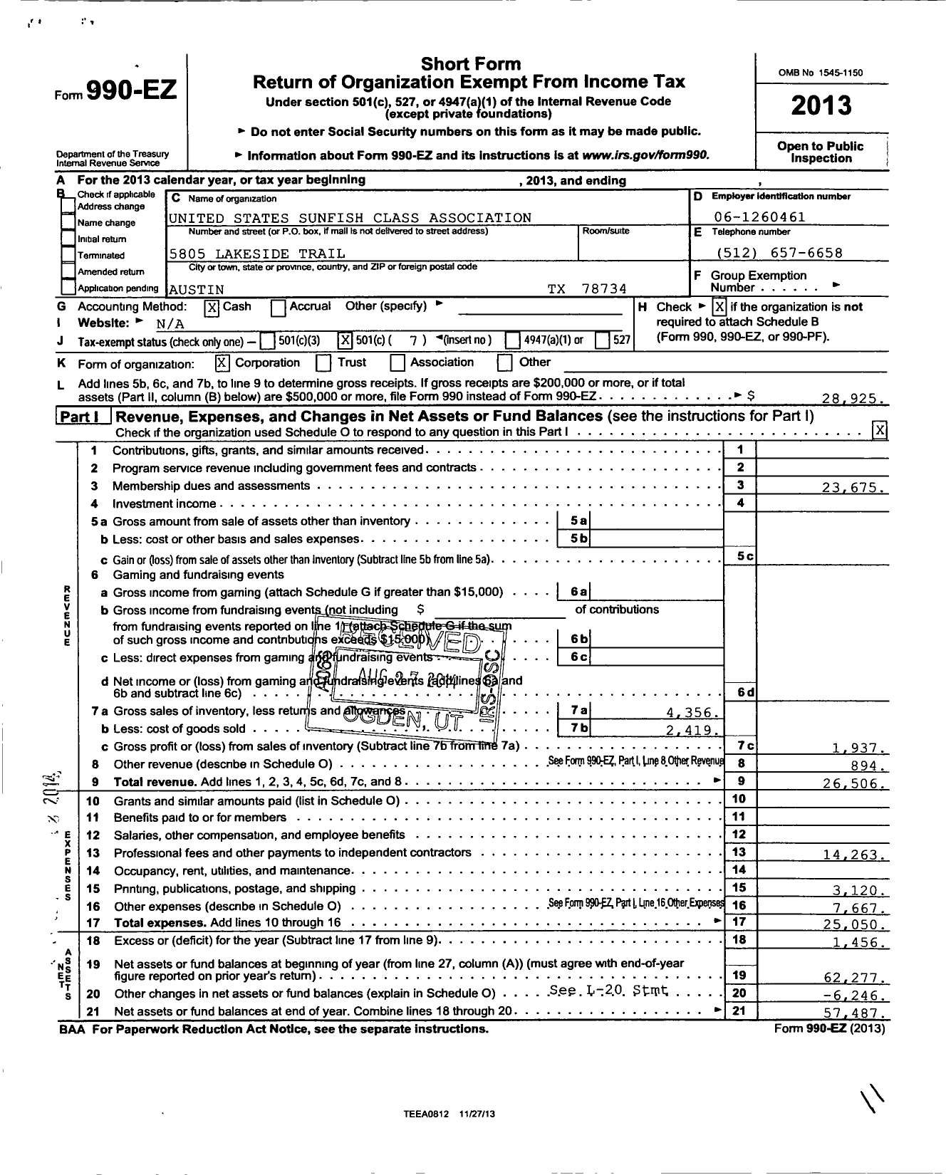 Image of first page of 2013 Form 990EO for United States Sunfish Class Association