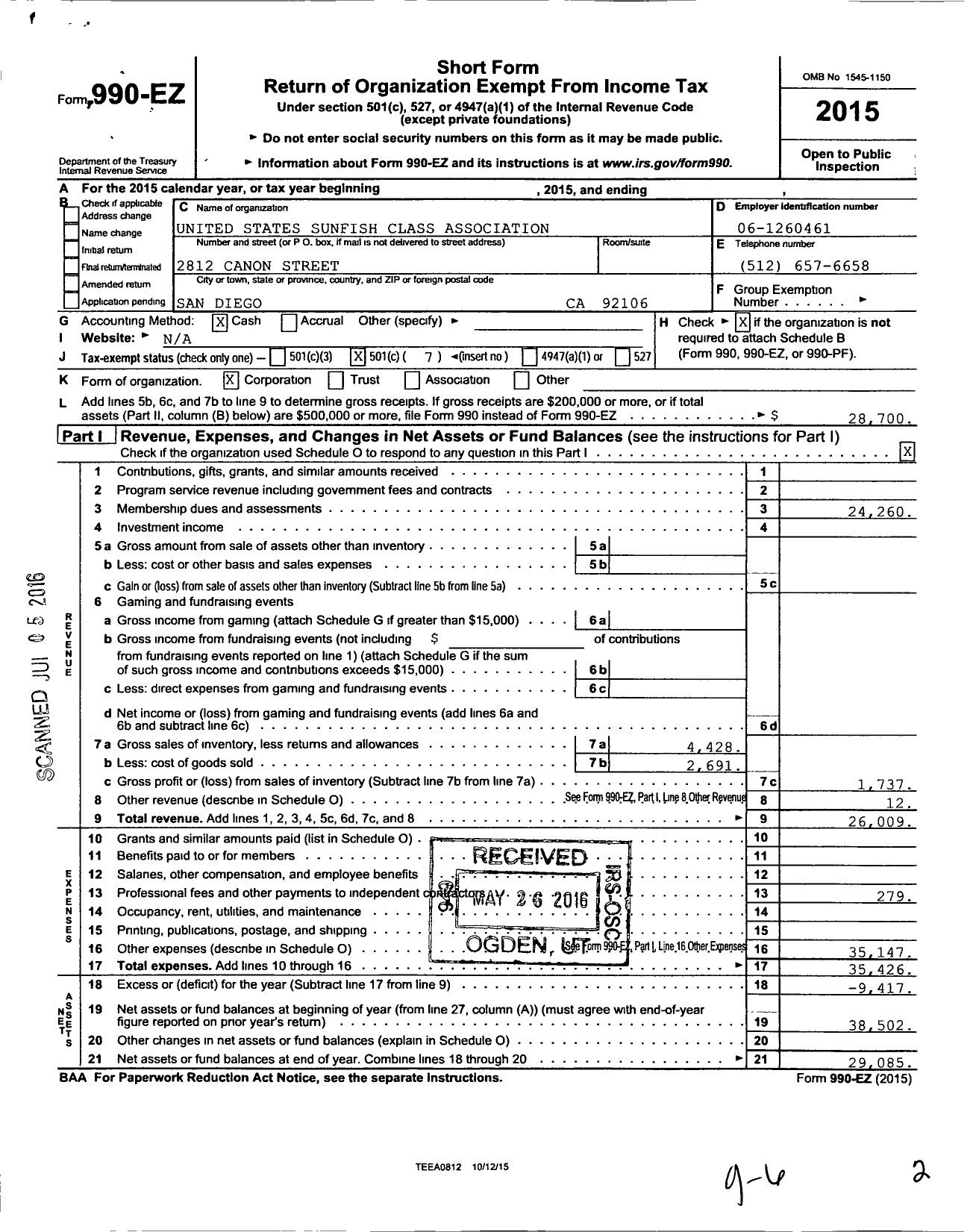 Image of first page of 2015 Form 990EO for United States Sunfish Class Association