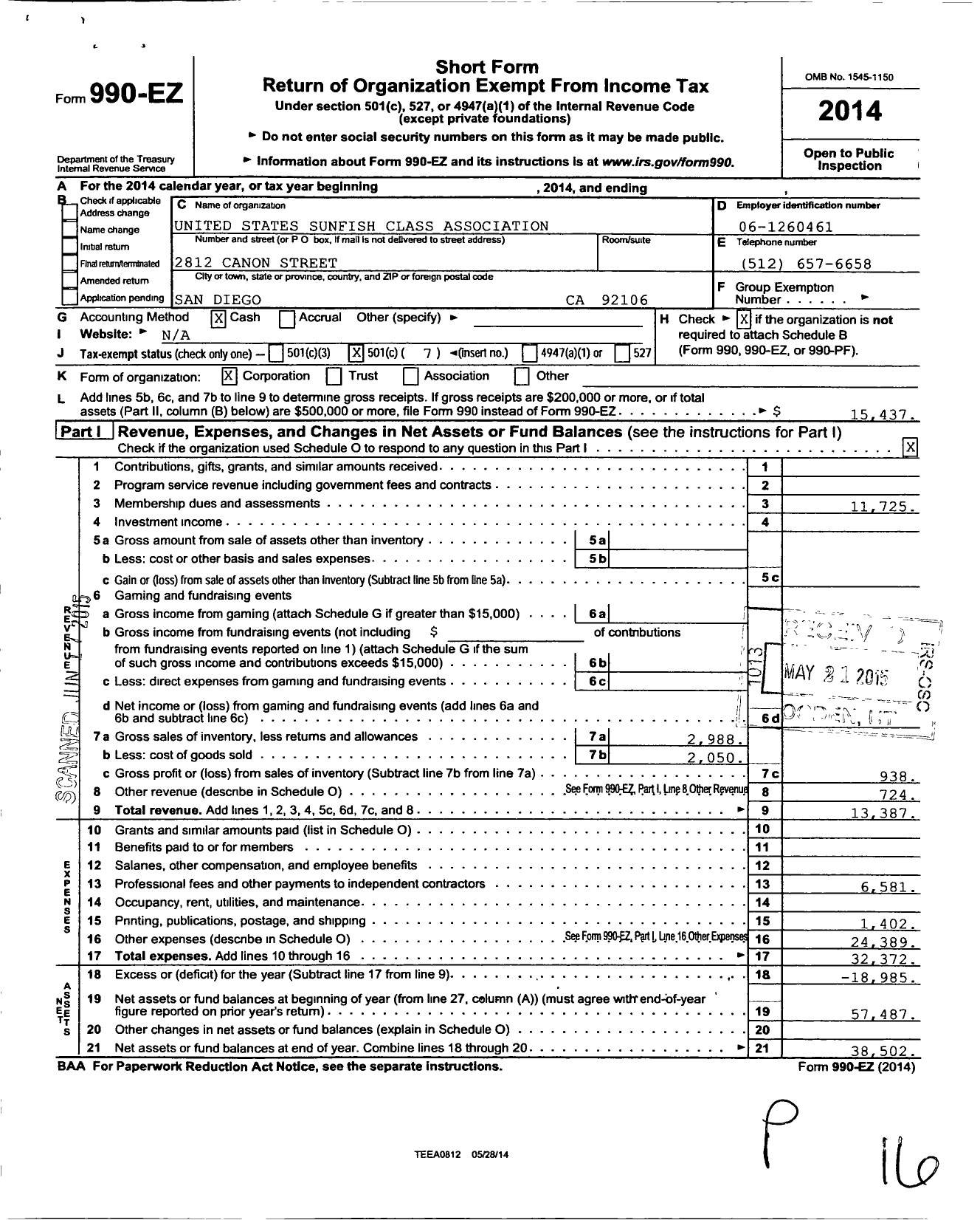 Image of first page of 2014 Form 990EO for United States Sunfish Class Association