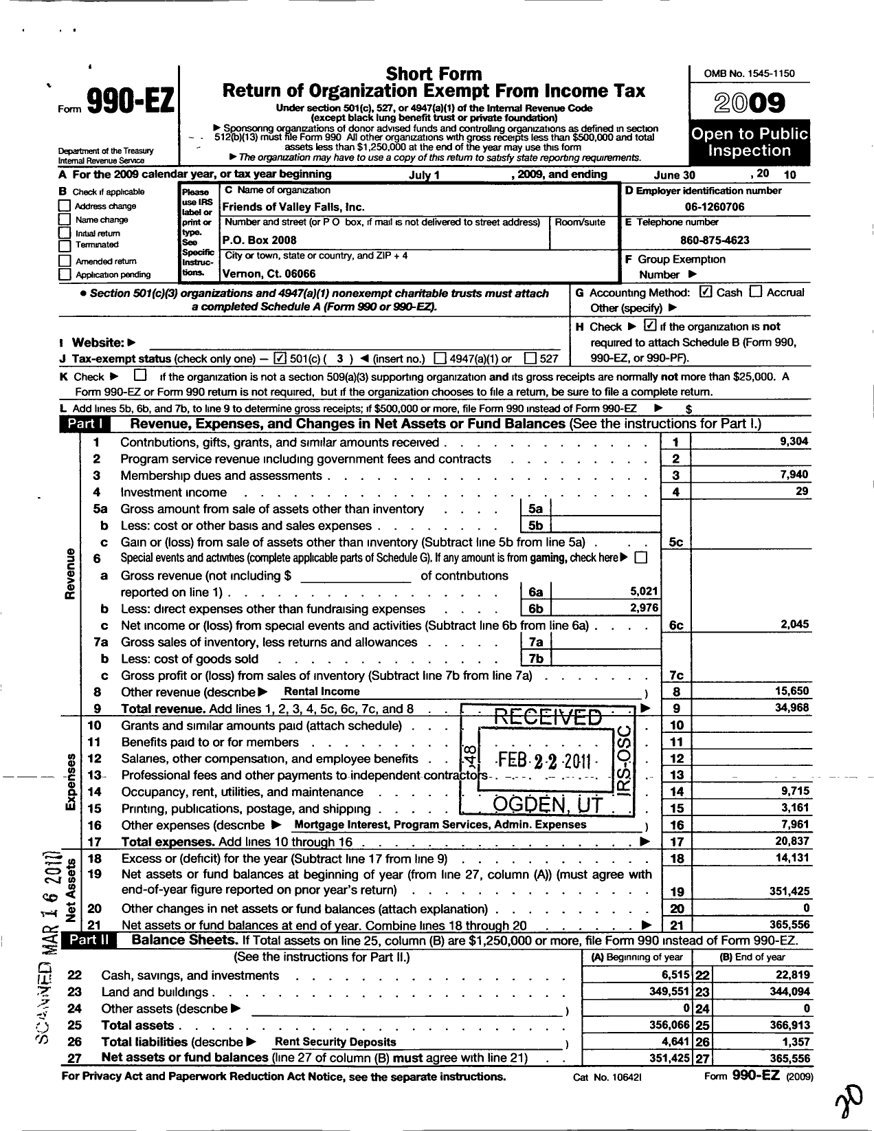 Image of first page of 2009 Form 990EZ for Friends of Valley Falls