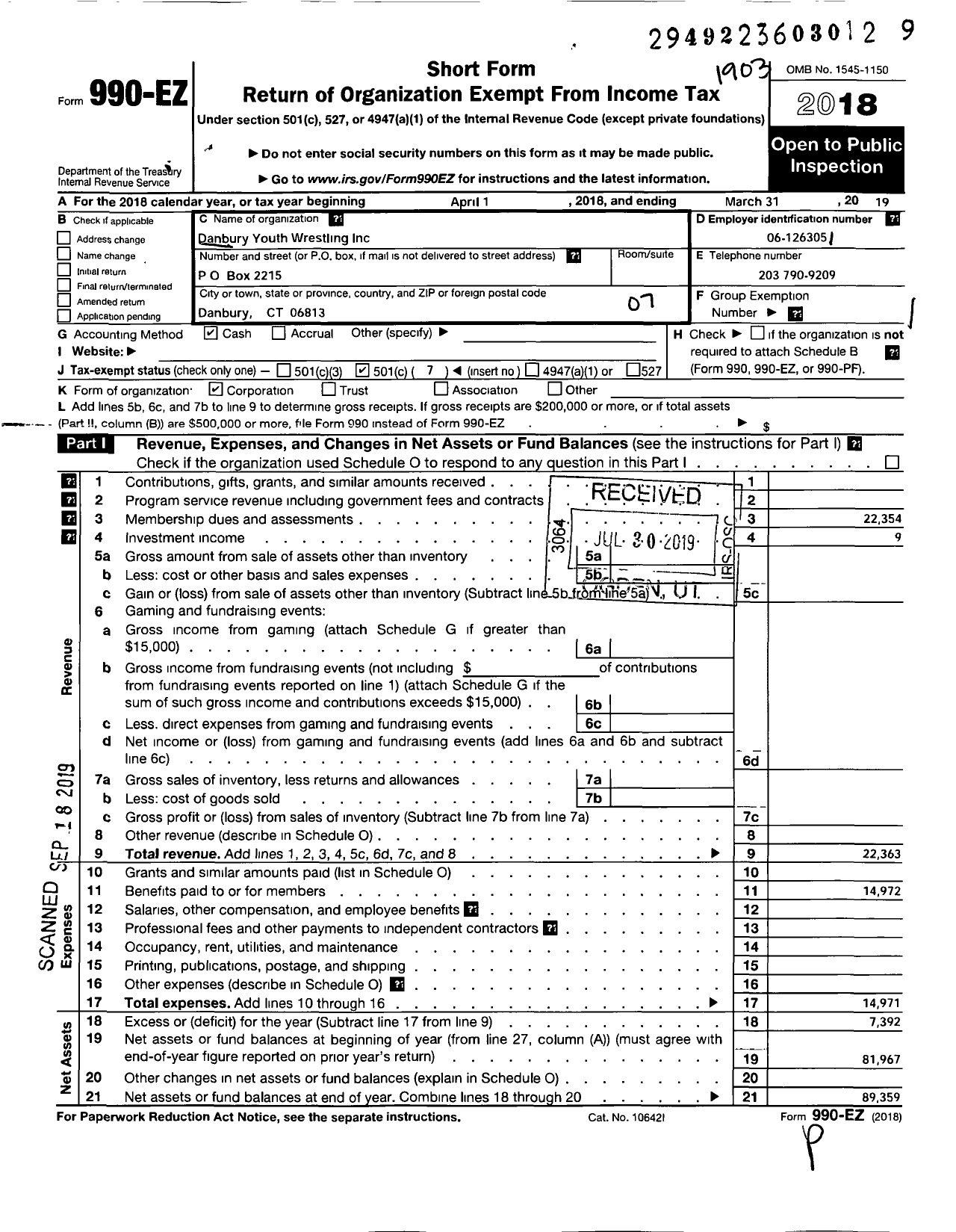 Image of first page of 2018 Form 990EO for Danbury Youth Wrestling