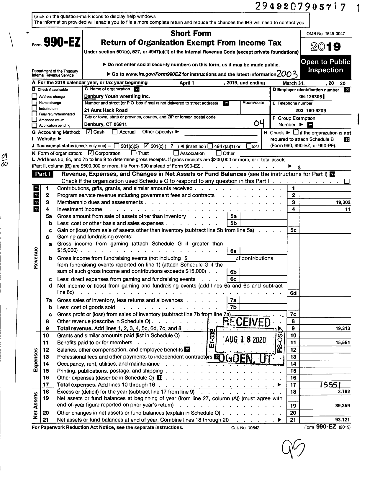 Image of first page of 2019 Form 990EO for Danbury Youth Wrestling