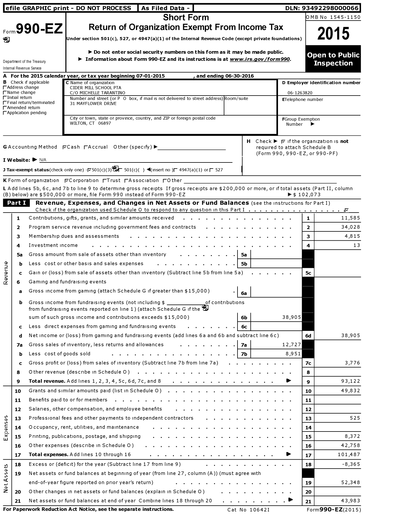 Image of first page of 2015 Form 990EZ for CT PTA - Cider Mill School PTA