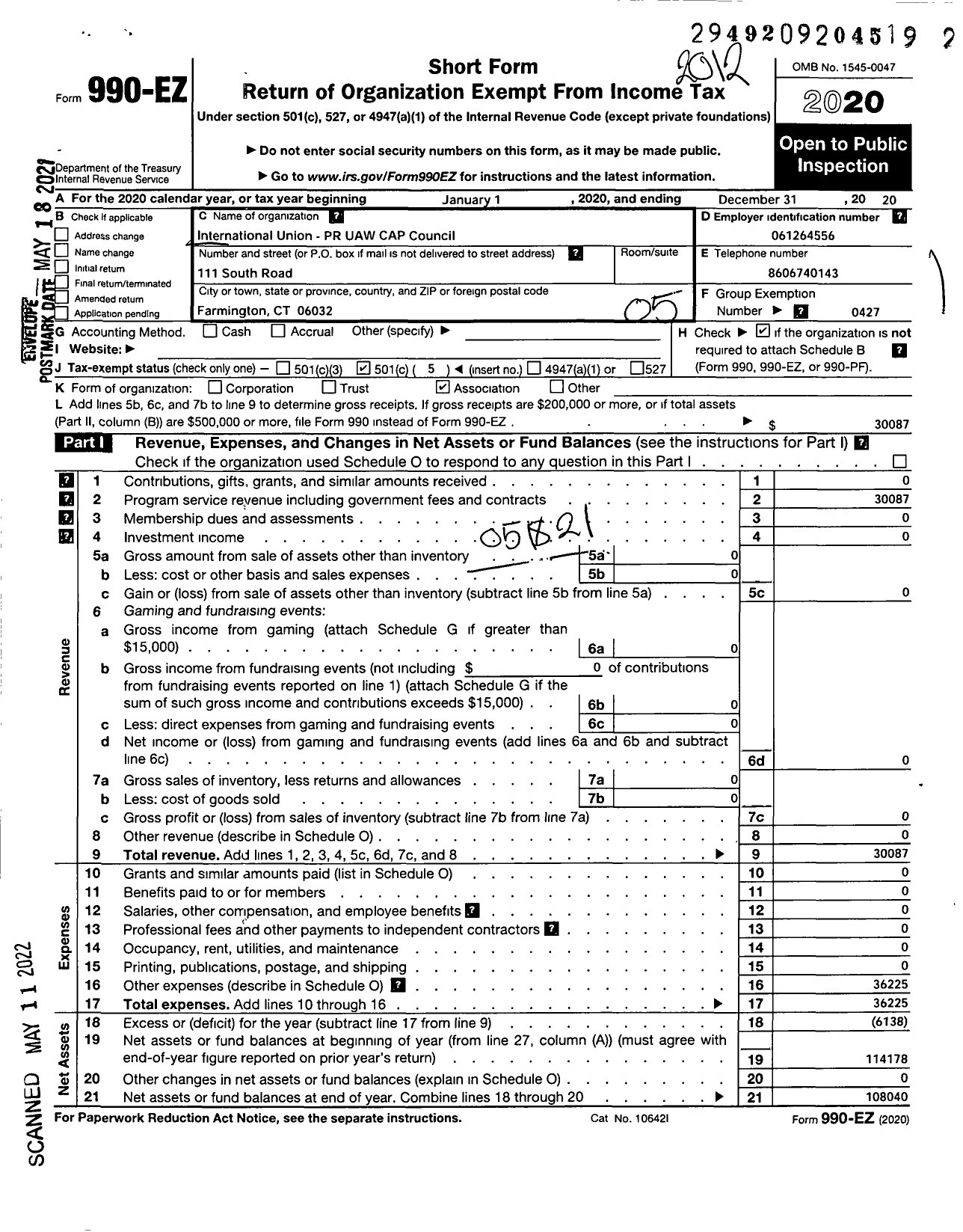 Image of first page of 2020 Form 990EO for Uaw - Puerto Rico Cap