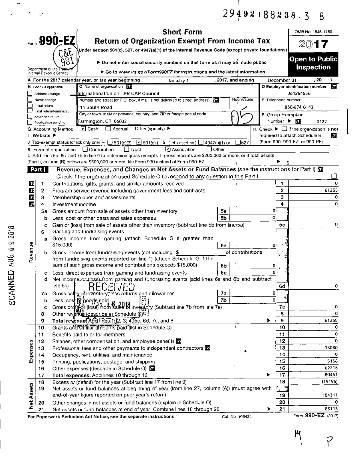 Image of first page of 2017 Form 990EO for Uaw - Puerto Rico Cap