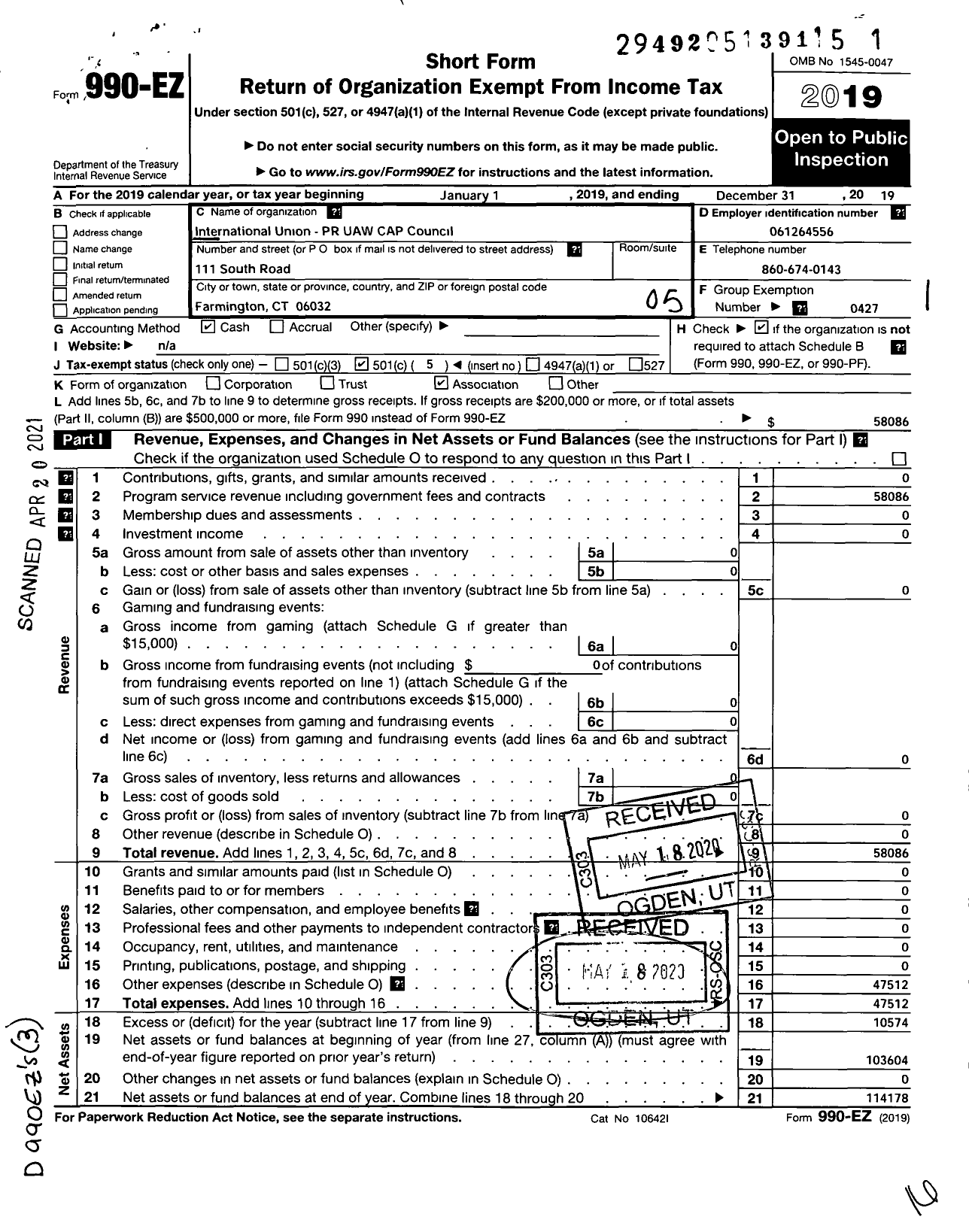 Image of first page of 2019 Form 990EO for Uaw - Puerto Rico Cap