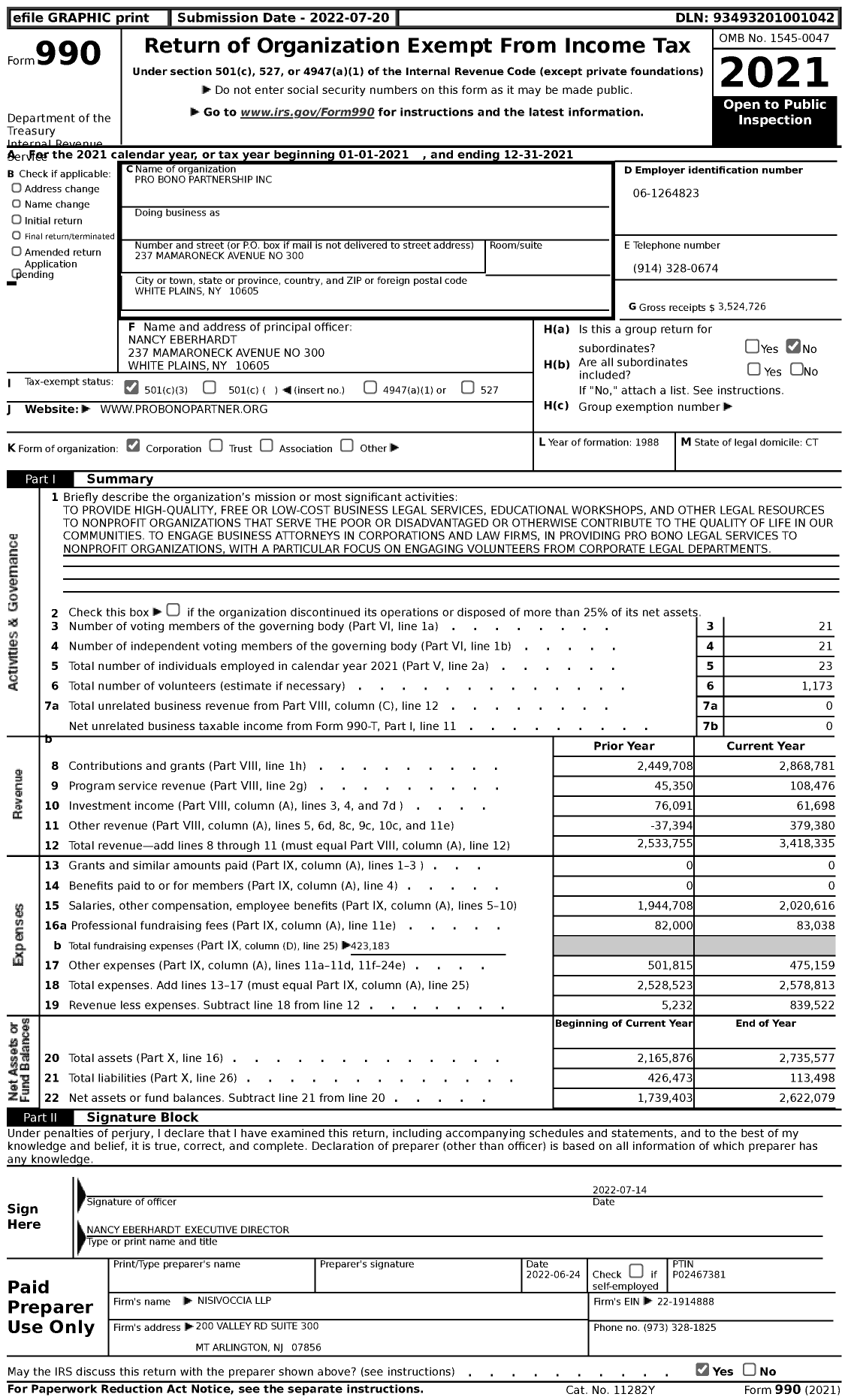 Image of first page of 2021 Form 990 for Pro Bono Partnership Incorporated