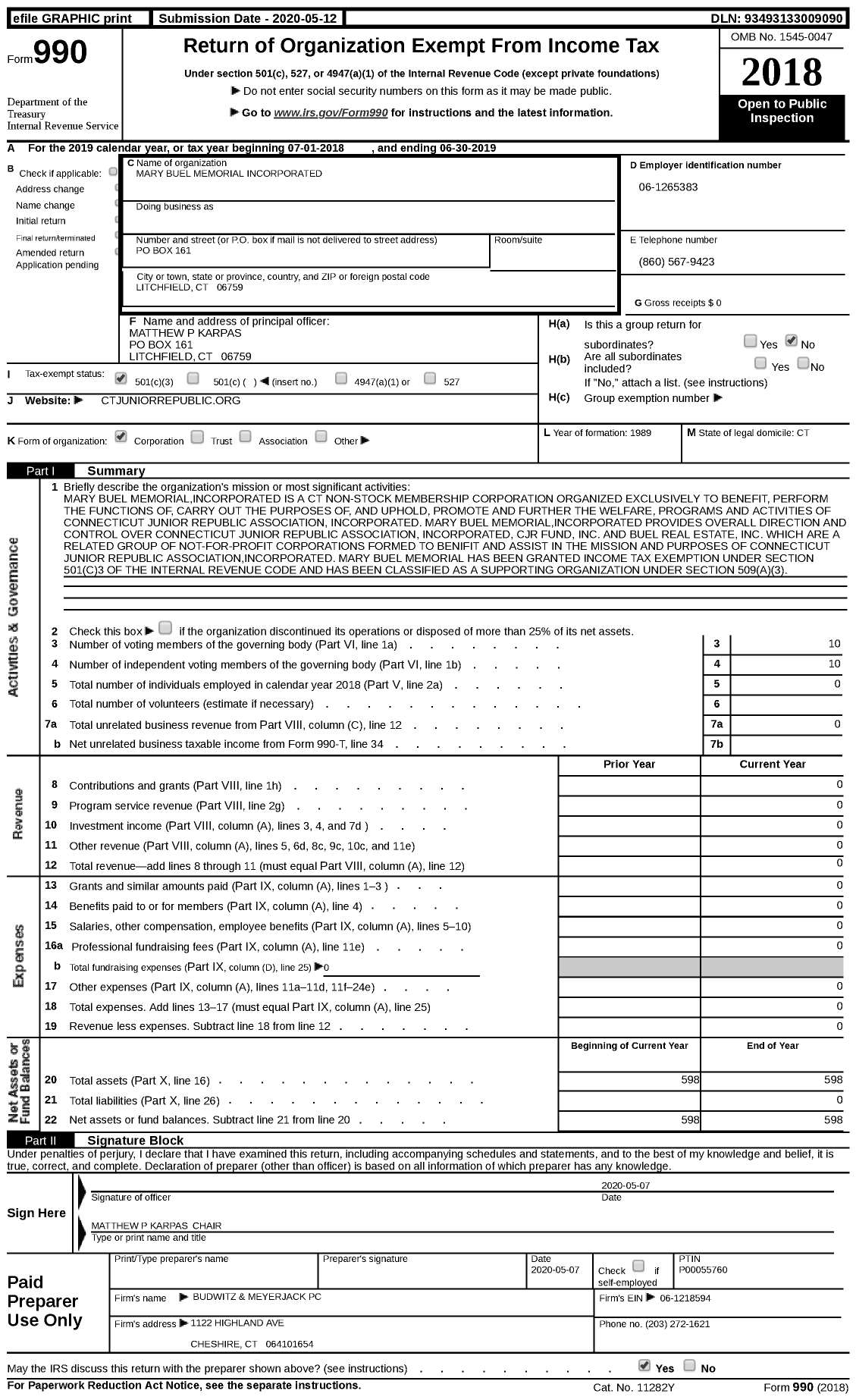 Image of first page of 2018 Form 990 for Mary Buel Memorial Incorporated