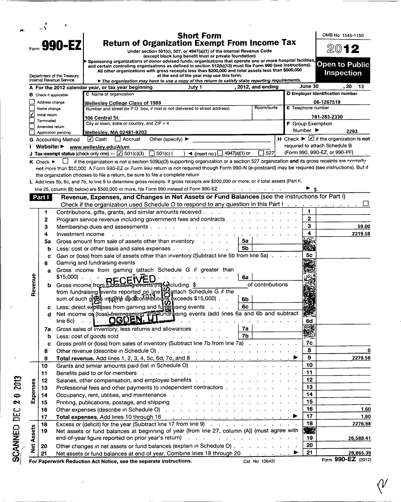 Image of first page of 2012 Form 990EZ for Wellesley College Alumnae Association - 1989 Class