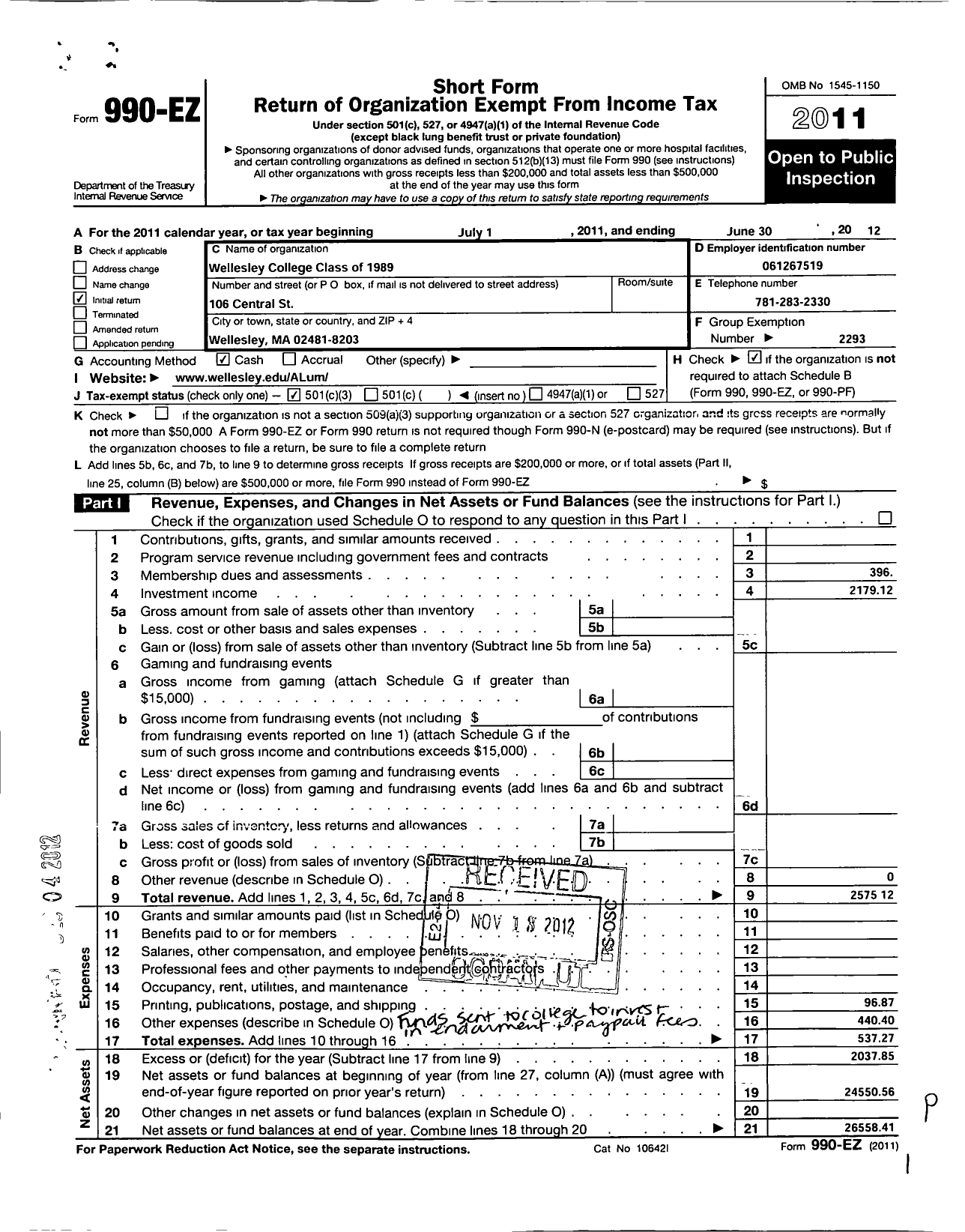 Image of first page of 2011 Form 990EZ for Wellesley College Alumnae Association - 1989 Class