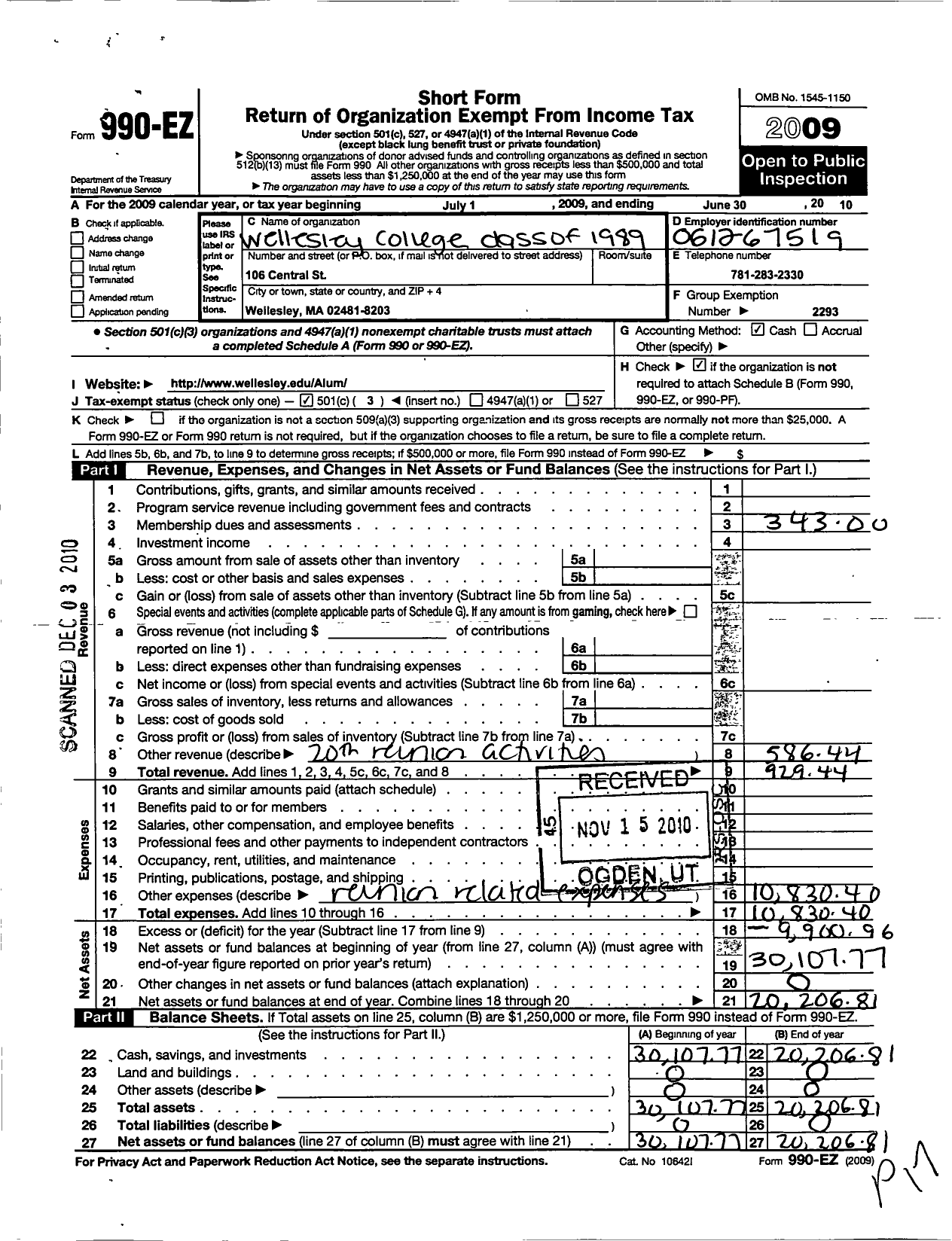 Image of first page of 2009 Form 990EZ for Wellesley College Alumnae Association - 1989 Class