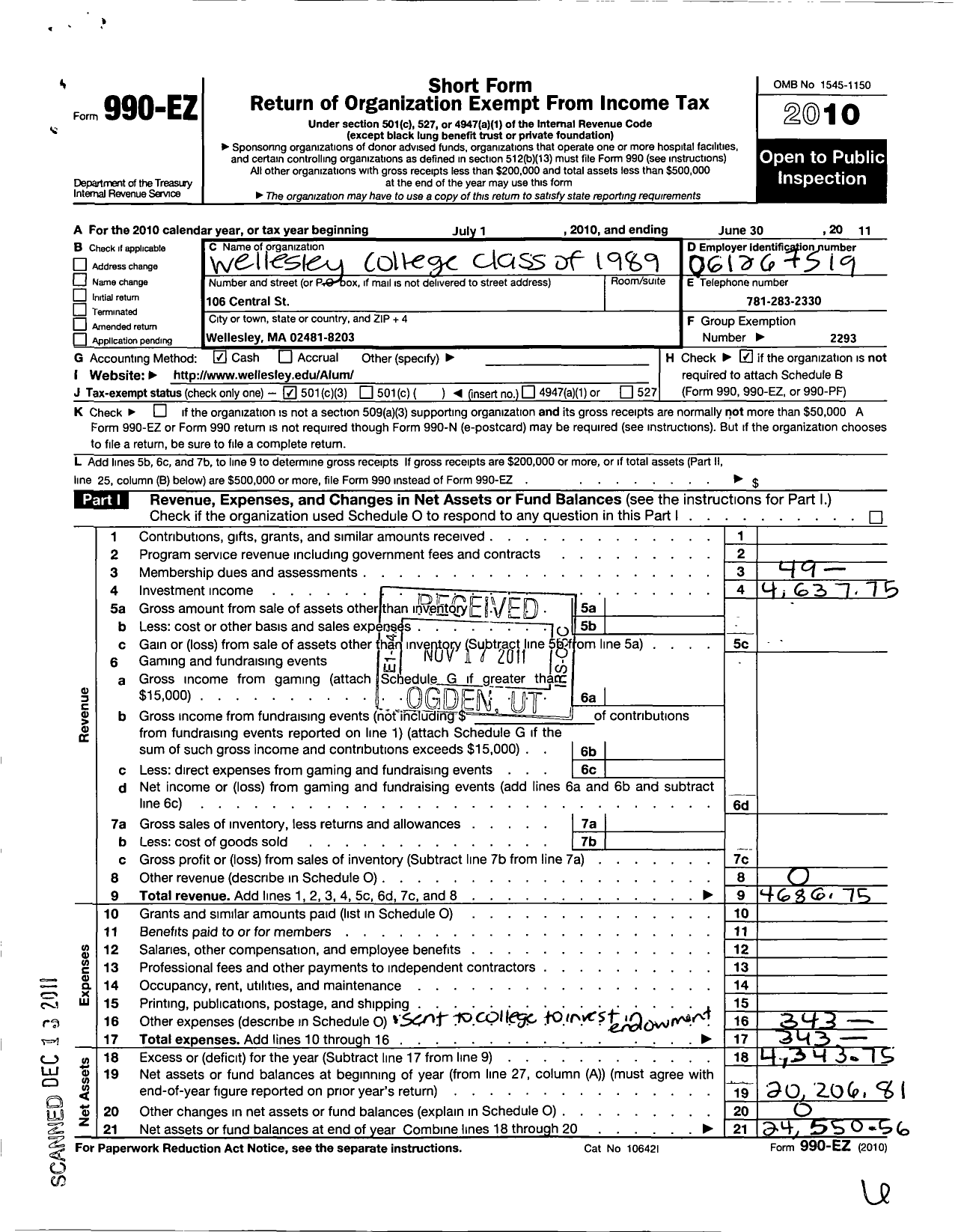 Image of first page of 2010 Form 990EZ for Wellesley College Alumnae Association - 1989 Class