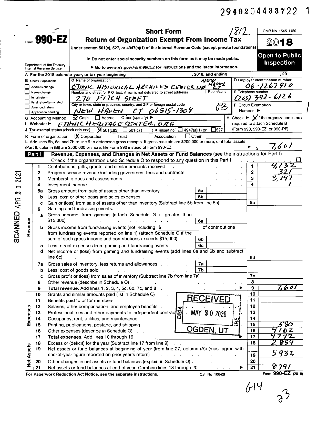 Image of first page of 2018 Form 990EZ for Ethnic Historical Archives Center of New Haven