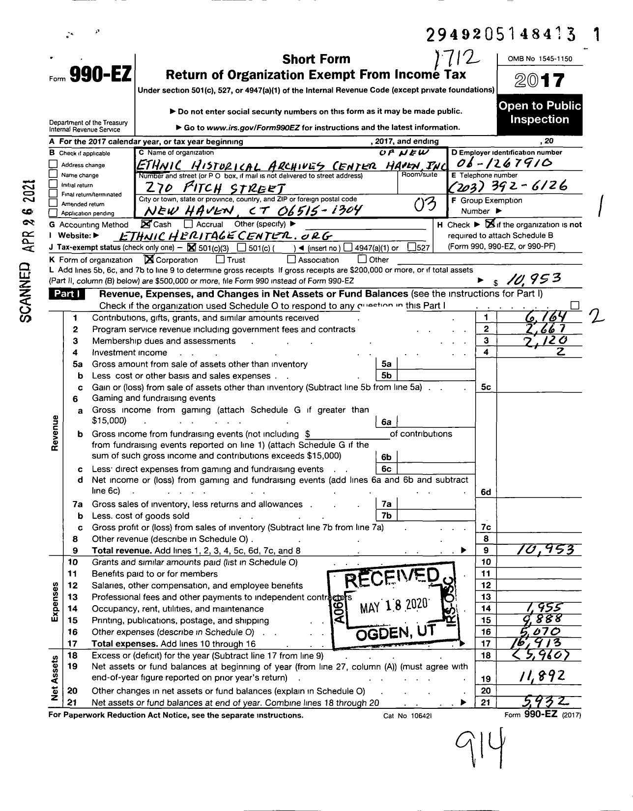 Image of first page of 2017 Form 990EZ for Ethnic Historical Archives Center of New Haven