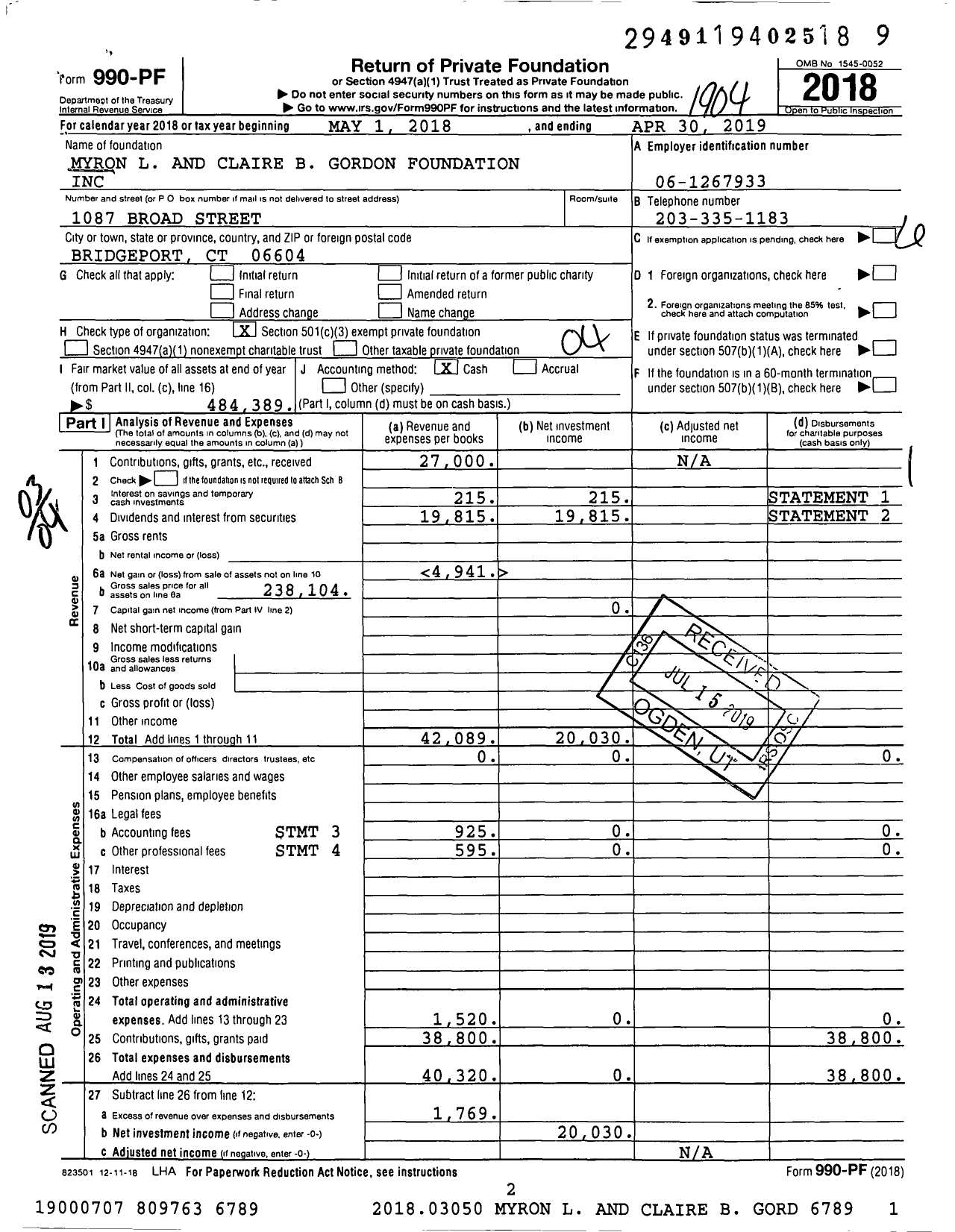 Image of first page of 2018 Form 990PF for Myron L and Claire B Gordon Foundation