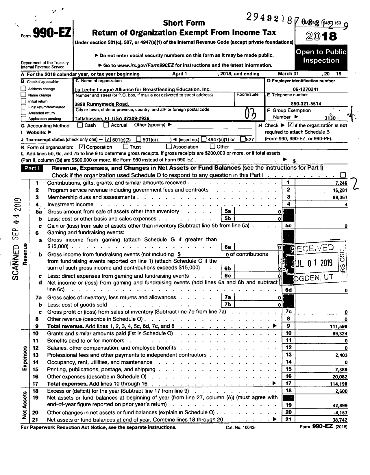 Image of first page of 2018 Form 990EZ for La Leche League - La Leche League Alliance for Breastfeeding Education