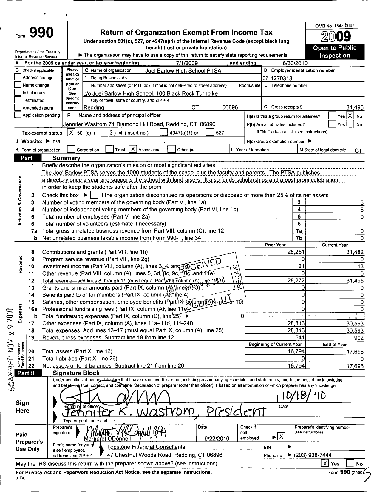 Image of first page of 2009 Form 990 for CT PTA - Joel Barlow High School Ptsa