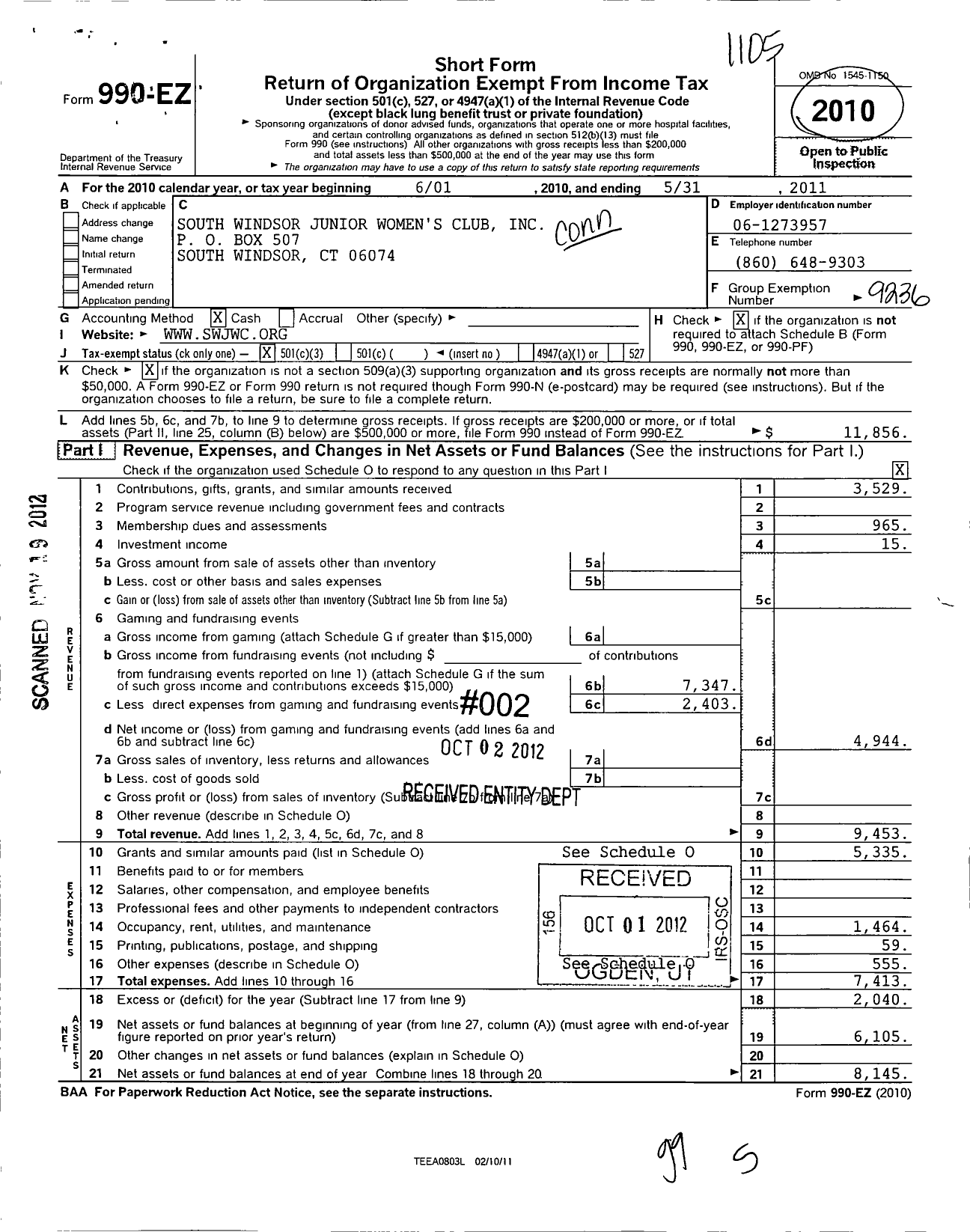 Image of first page of 2010 Form 990EZ for Connecticut Junior Women / South Windsor Community Womens Club