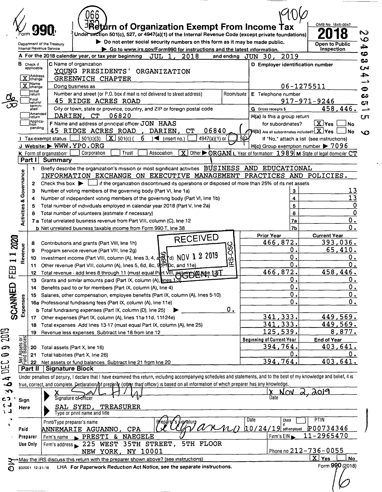 Image of first page of 2018 Form 990O for Young Presidents' Organization - Fairchester Chapter