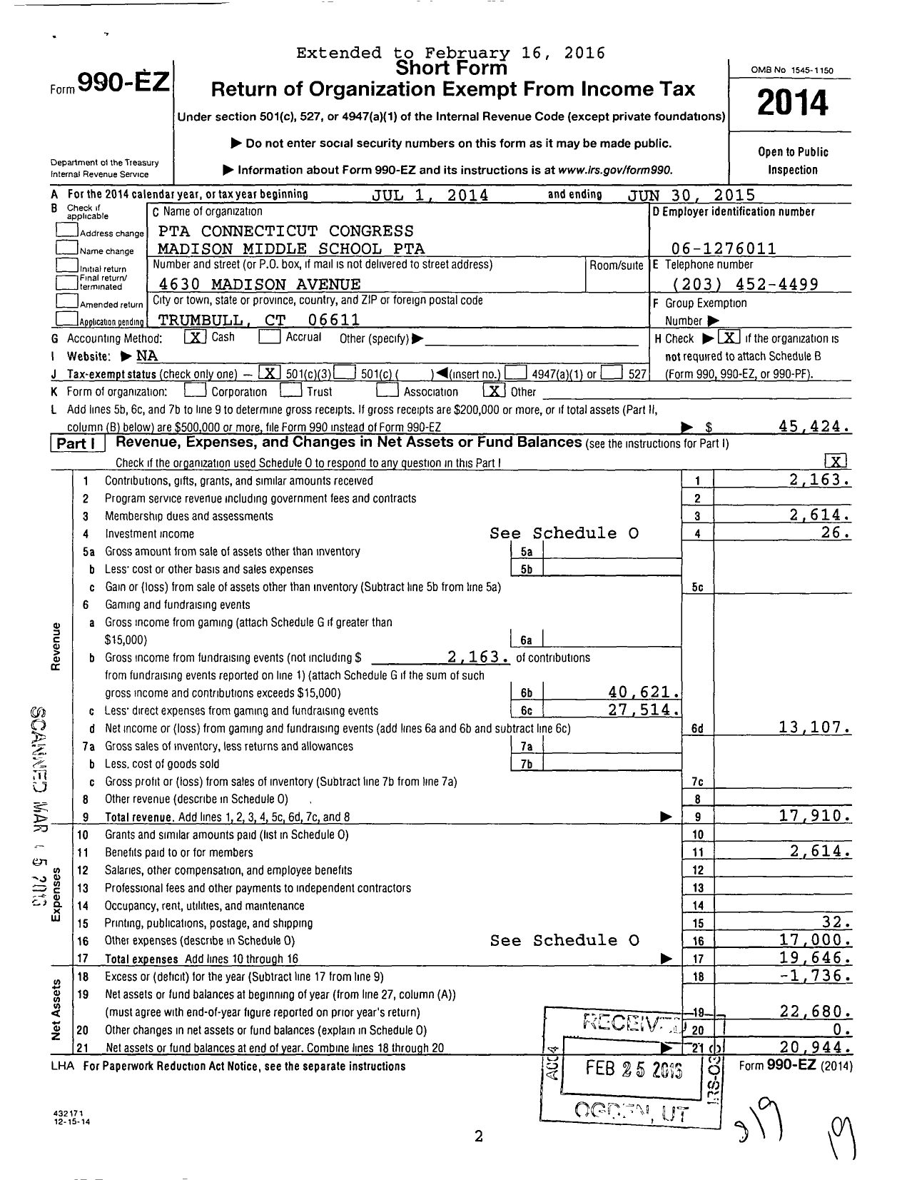 Image of first page of 2014 Form 990EZ for CT PTA - Madison Middle School PTA