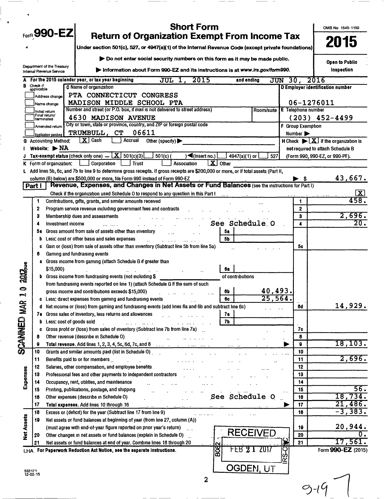 Image of first page of 2015 Form 990EZ for CT PTA - Madison Middle School PTA