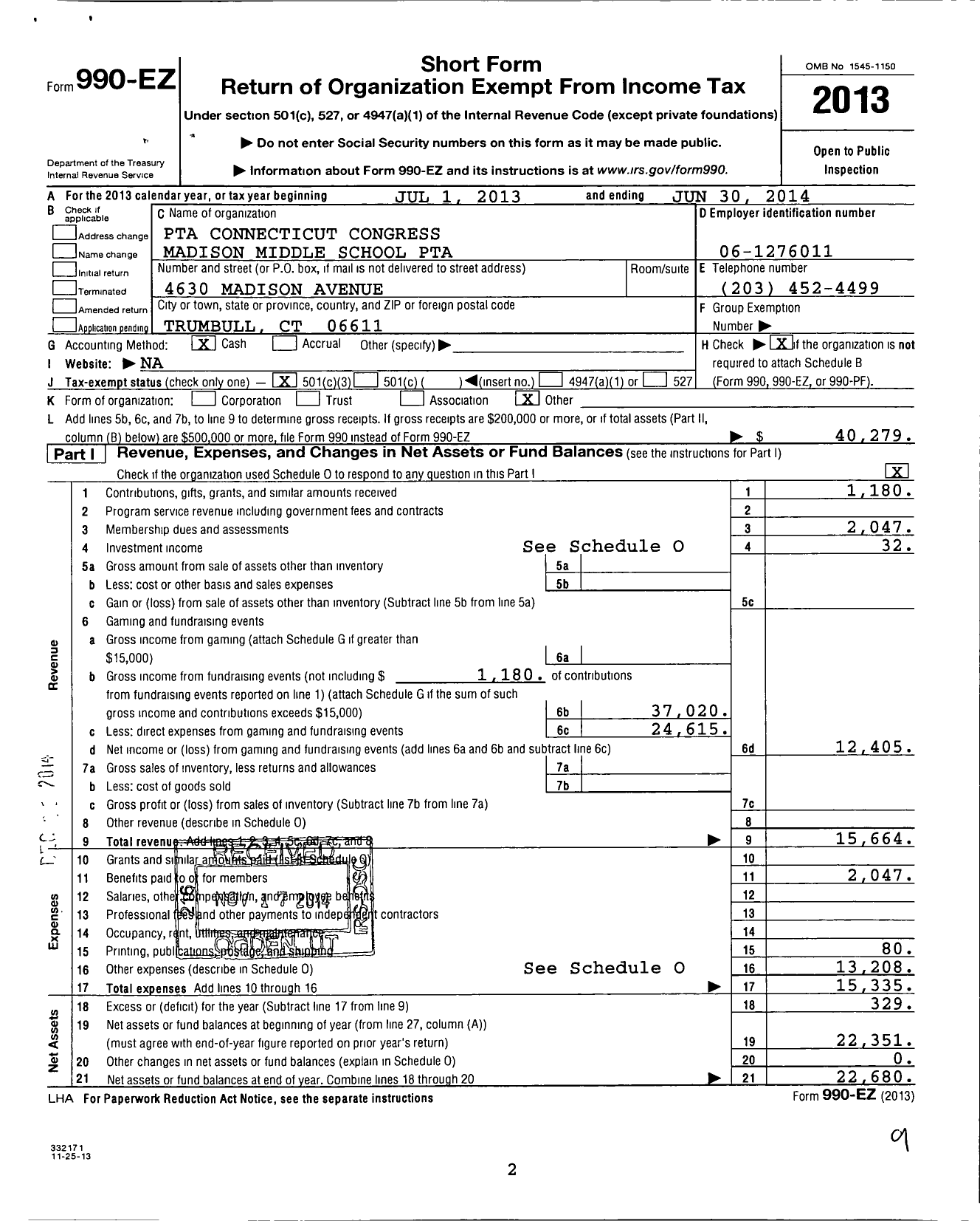 Image of first page of 2013 Form 990EZ for CT PTA - Madison Middle School PTA