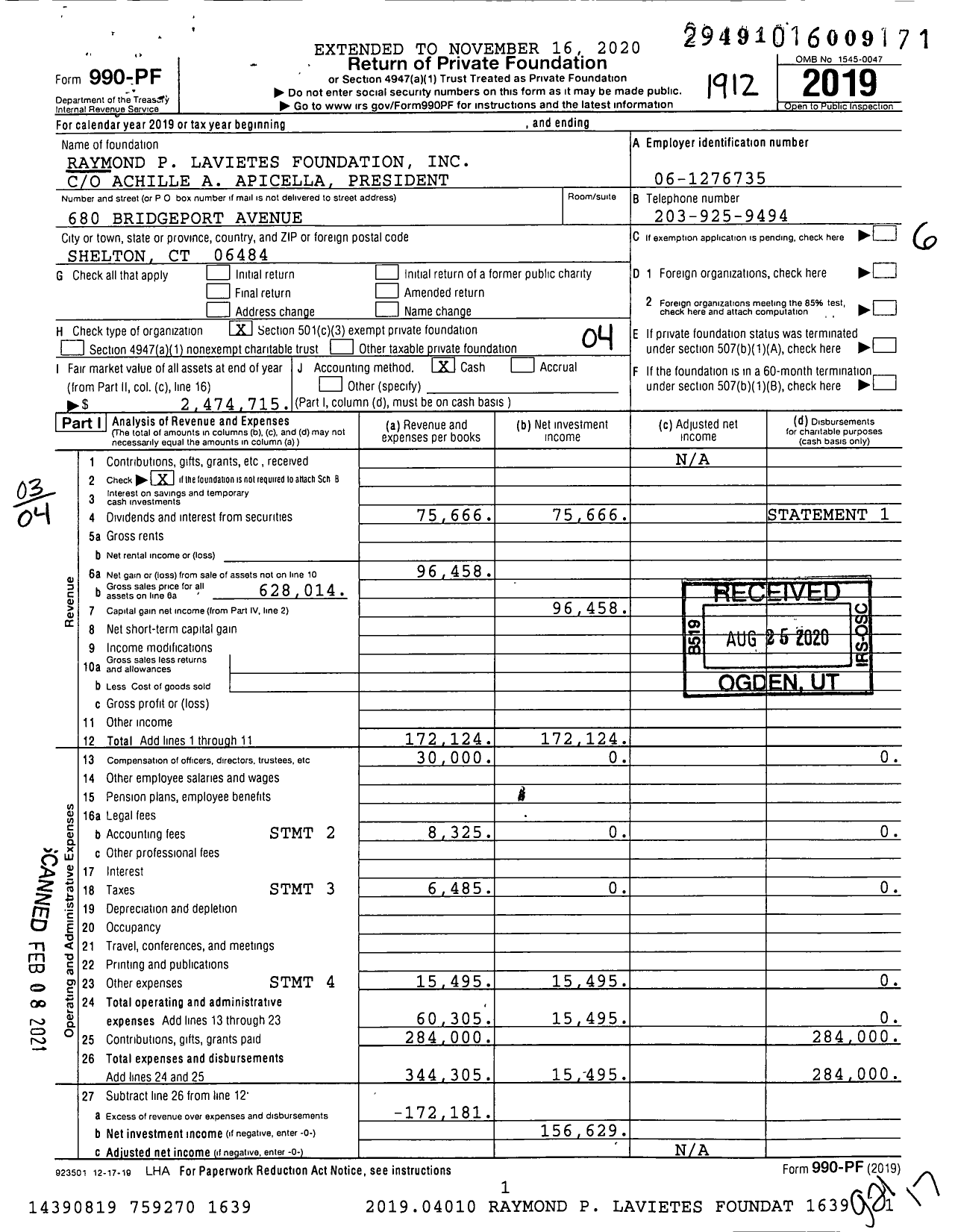 Image of first page of 2019 Form 990PF for Raymond P Lavietes Foundation