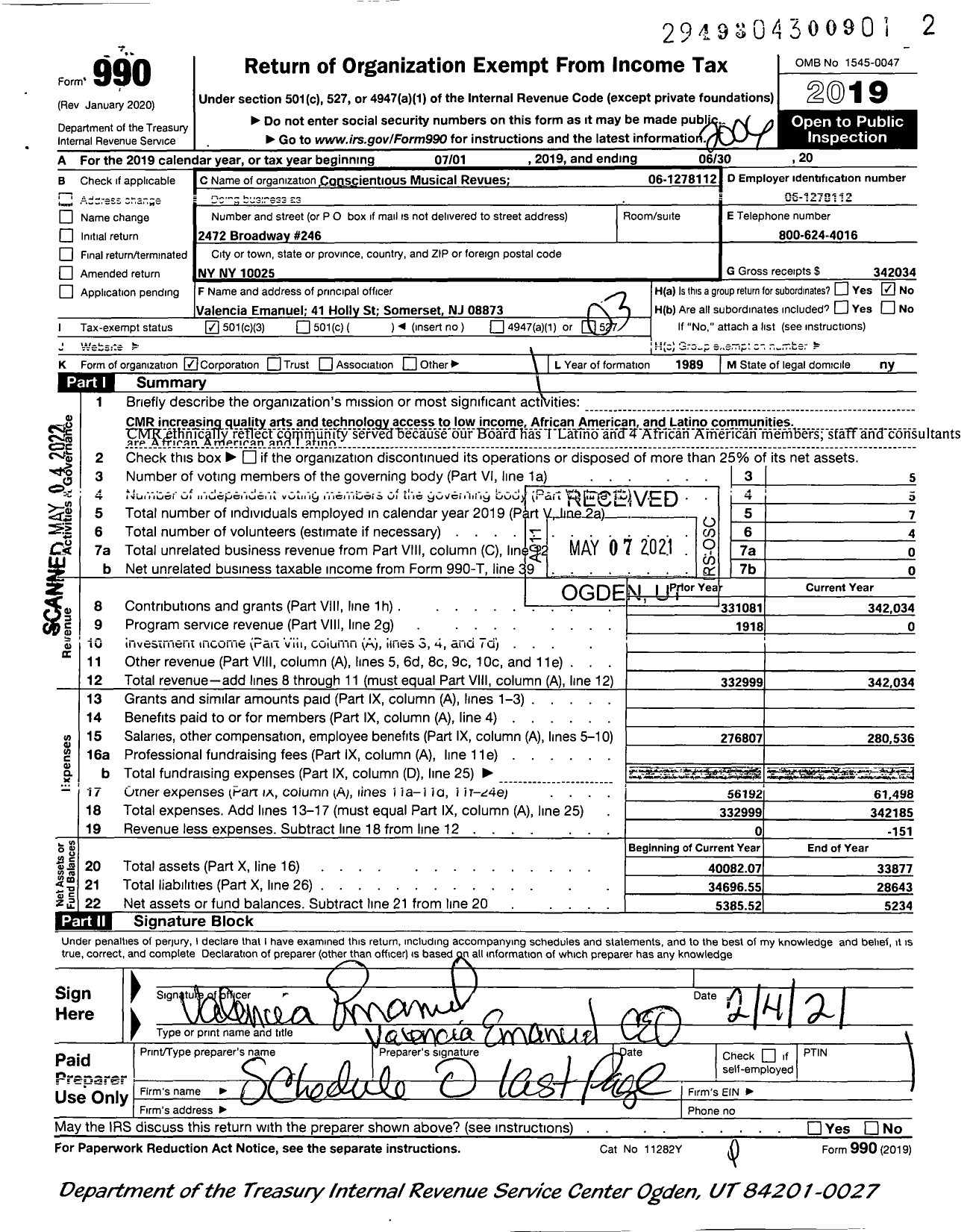 Image of first page of 2019 Form 990 for Conscientious Musical Revues