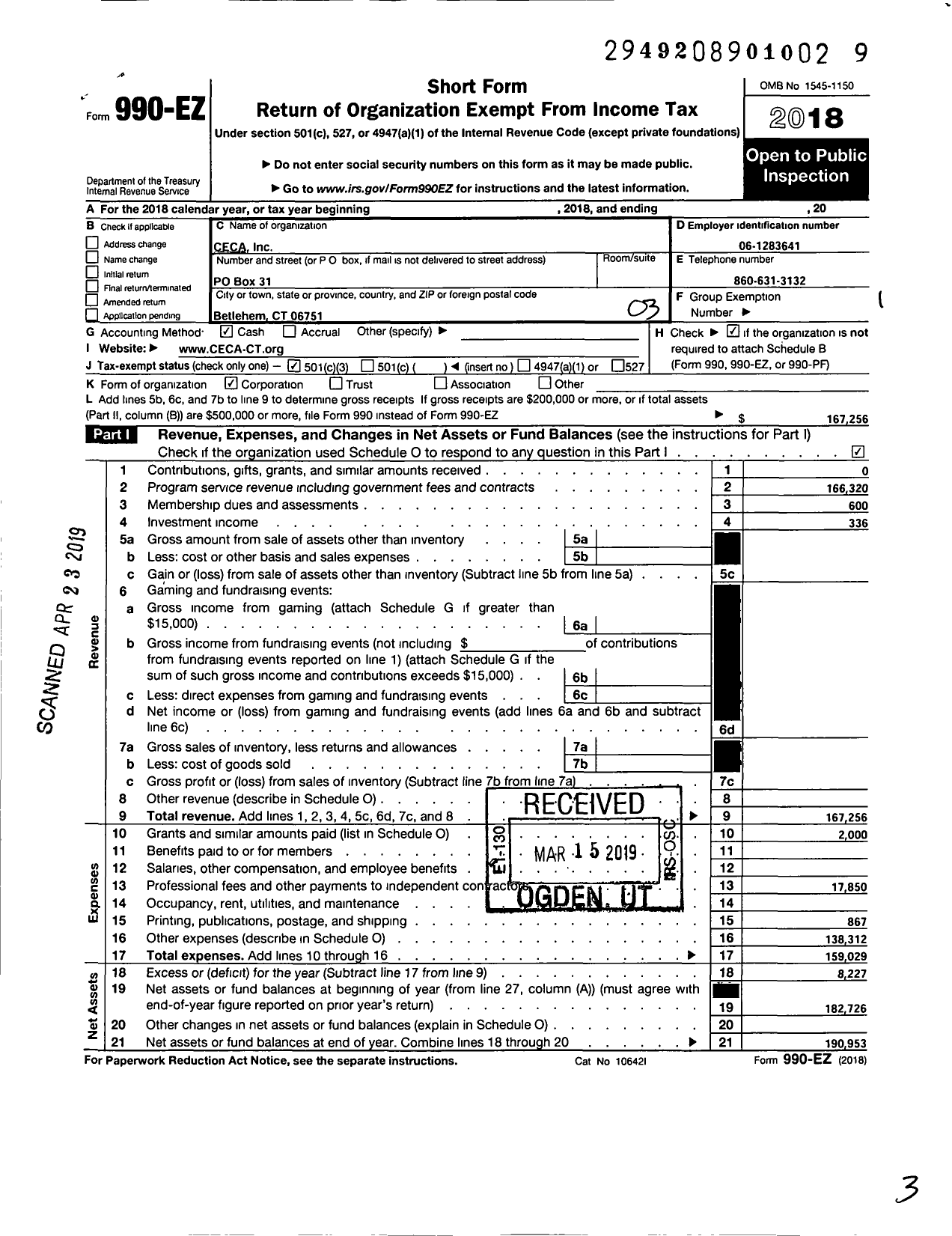 Image of first page of 2018 Form 990EZ for Ceca
