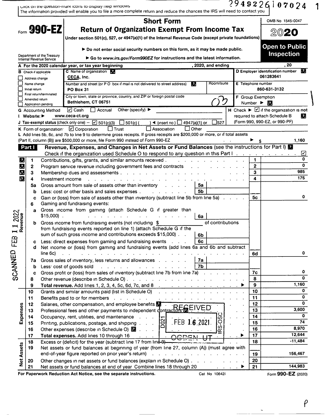 Image of first page of 2020 Form 990EZ for Ceca
