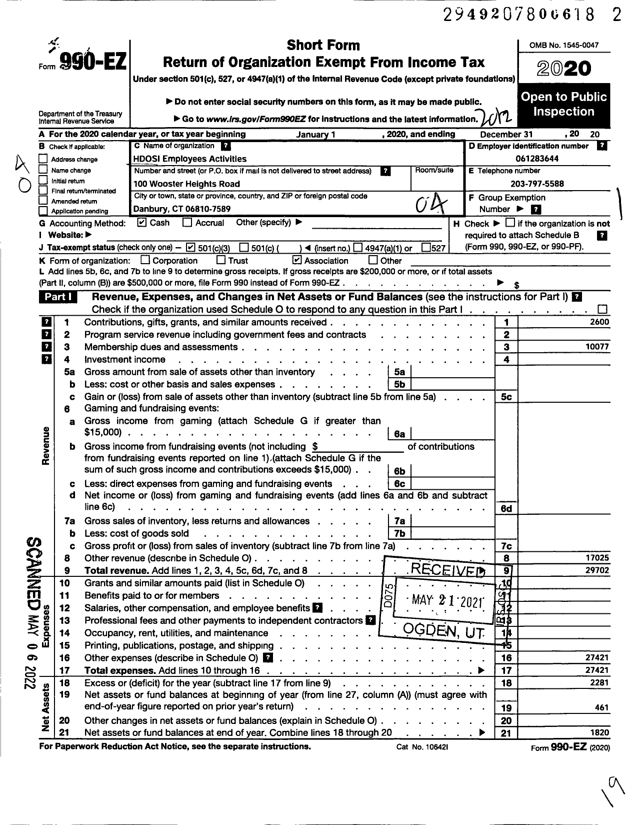 Image of first page of 2020 Form 990EO for Hdosi Employees Activities Association