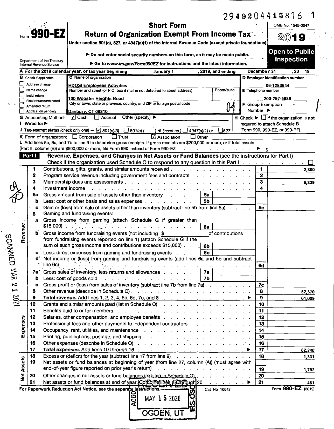 Image of first page of 2019 Form 990EO for Hdosi Employees Activities Association