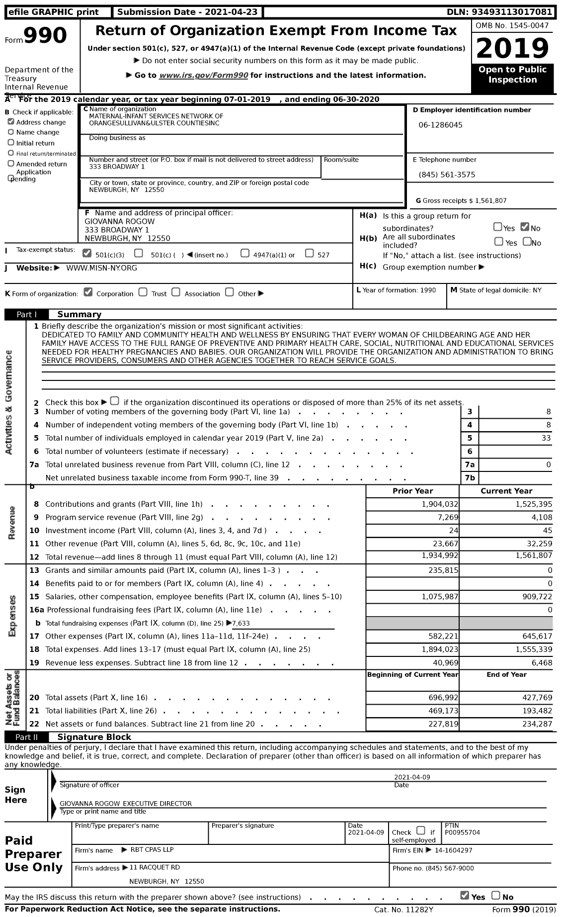 Image of first page of 2019 Form 990 for Maternal-Infant Services Network of Orangesullivan&ulster Countiesinc (MISN)