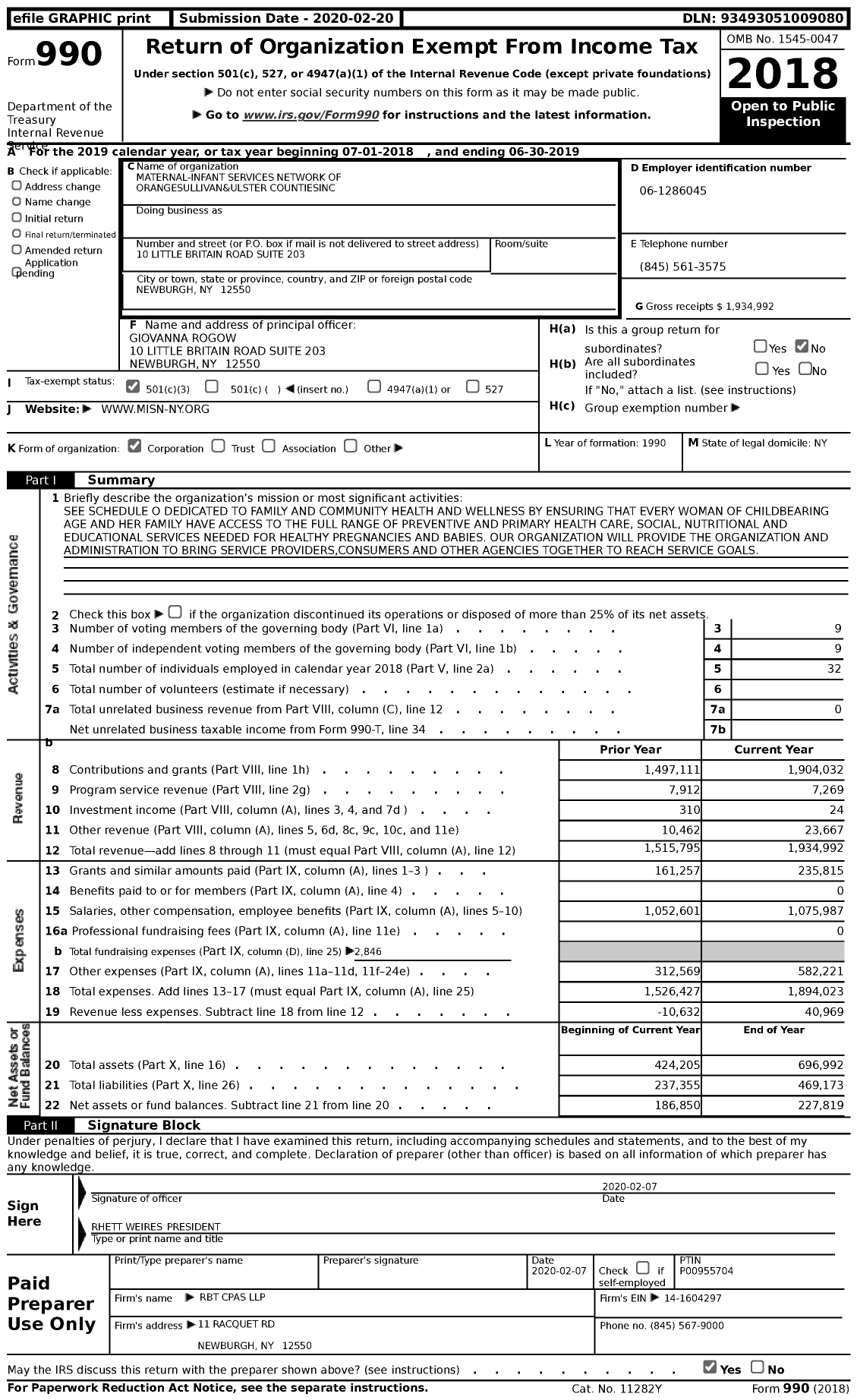 Image of first page of 2018 Form 990 for Maternal-Infant Services Network of Orangesullivan&ulster Countiesinc (MISN)