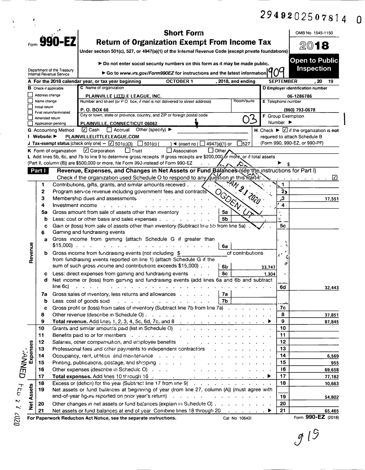 Image of first page of 2018 Form 990EZ for Little League Baseball - 2070509 Plainville LL