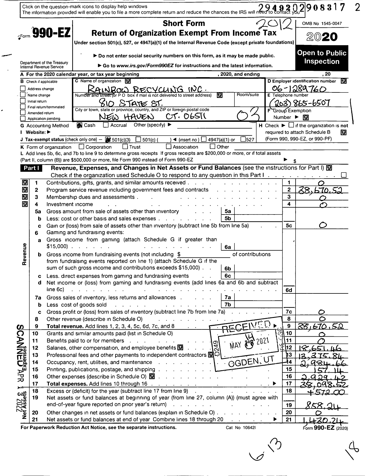 Image of first page of 2020 Form 990EZ for Rainbow Recycling