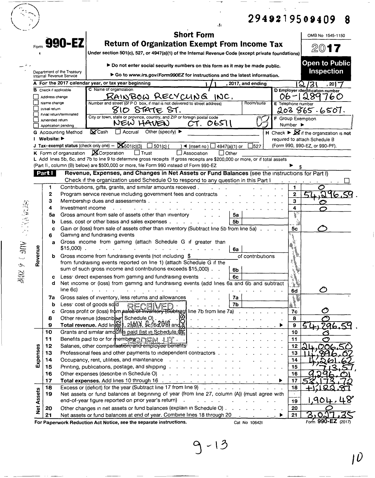 Image of first page of 2017 Form 990EZ for Rainbow Recycling