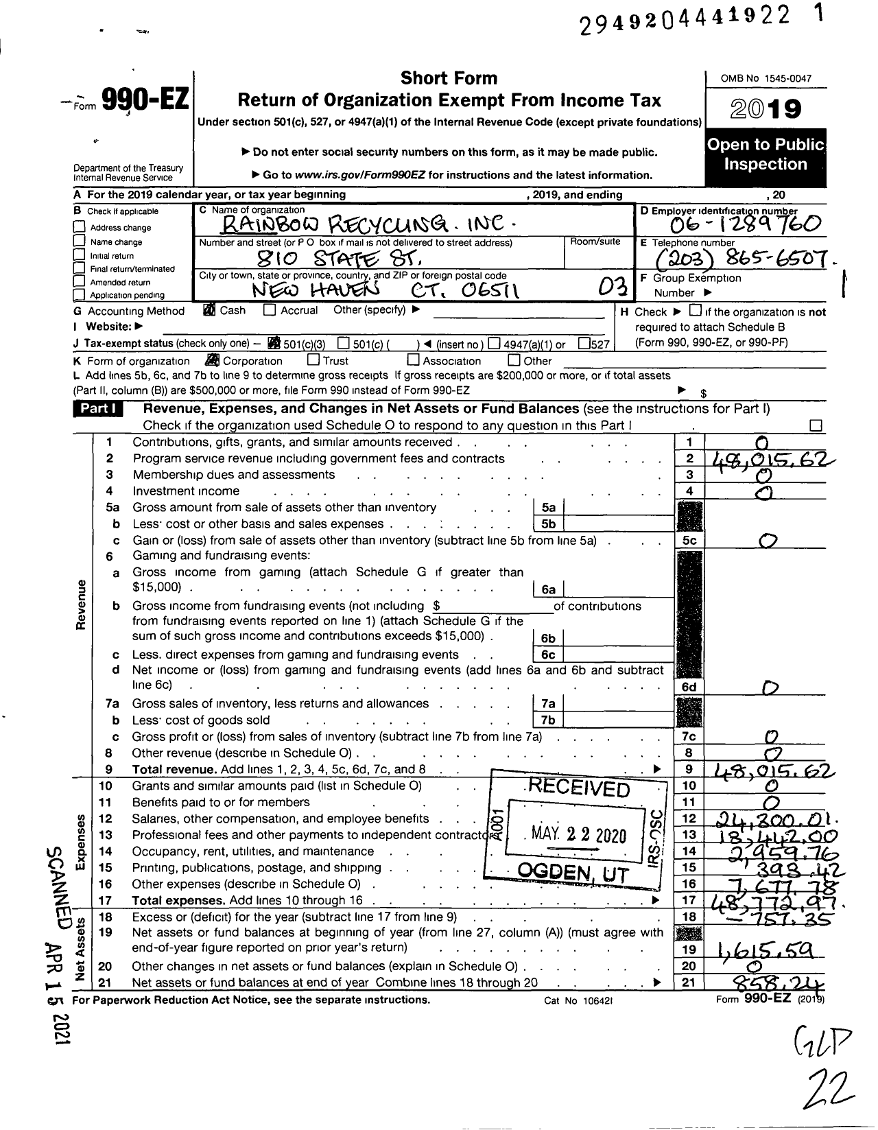 Image of first page of 2019 Form 990EZ for Rainbow Recycling