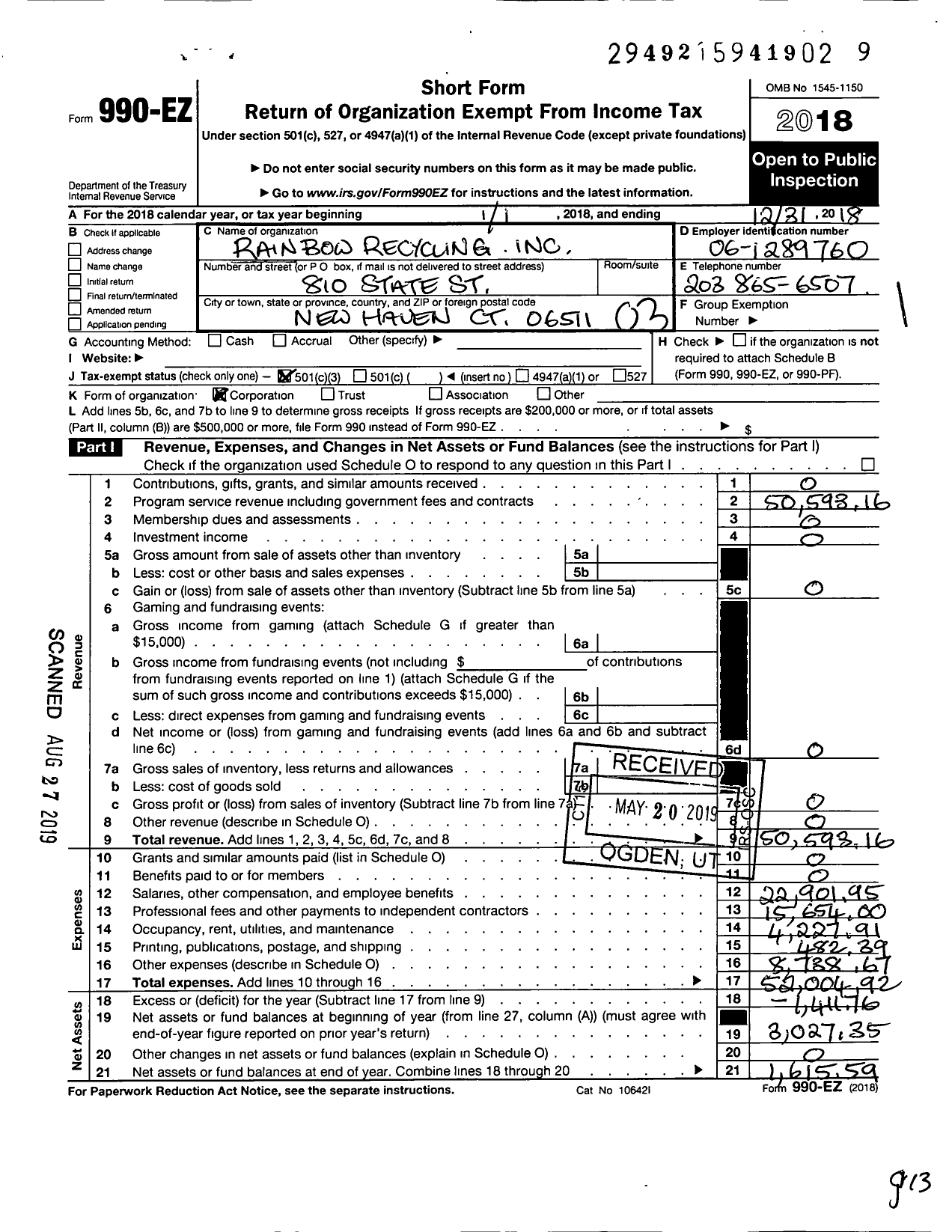 Image of first page of 2018 Form 990EZ for Rainbow Recycling