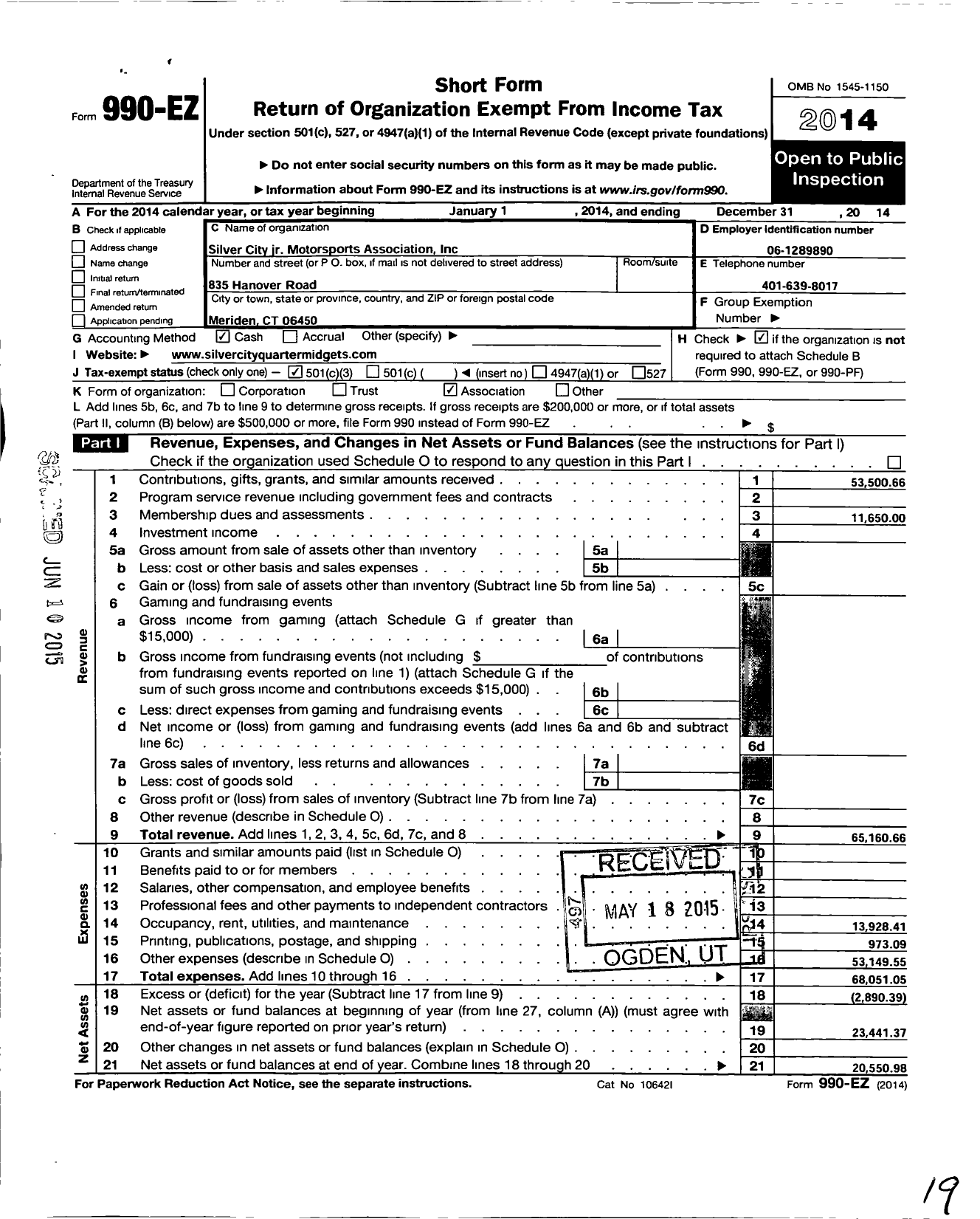 Image of first page of 2014 Form 990EZ for Silver City Junior Motor Sports Association