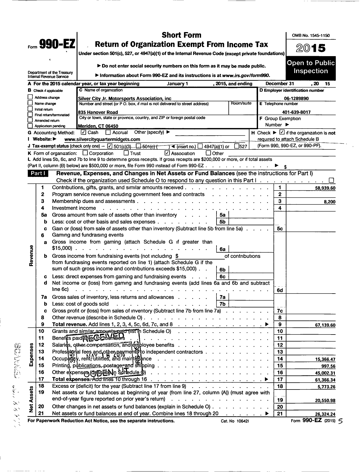 Image of first page of 2015 Form 990EZ for Silver City Junior Motor Sports Association