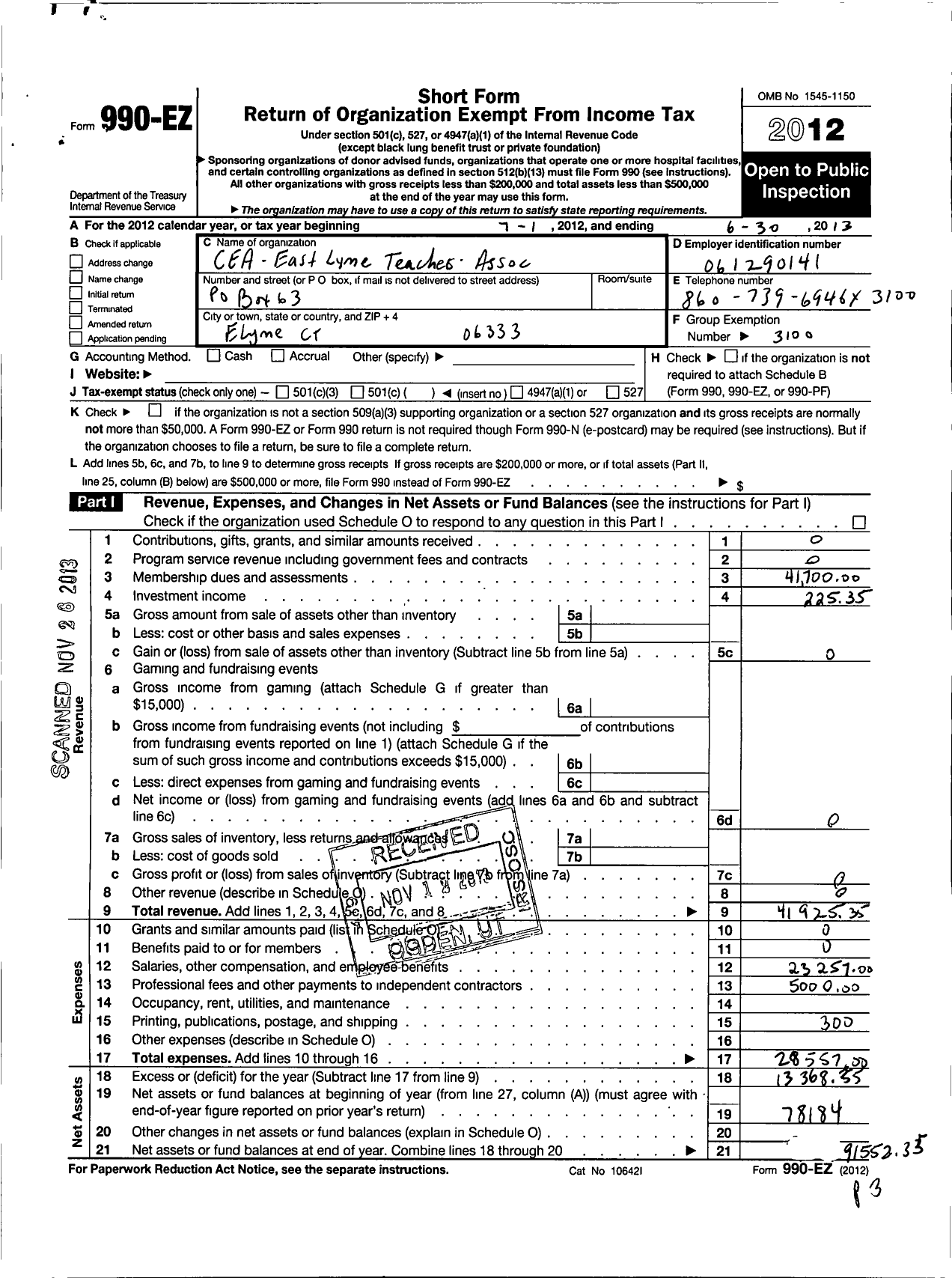 Image of first page of 2012 Form 990EO for Connecticut Education Association - East Lyme