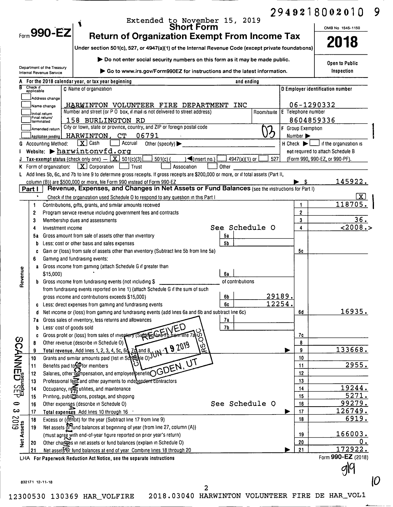 Image of first page of 2018 Form 990EZ for Harwinton Volunteer Fire Department