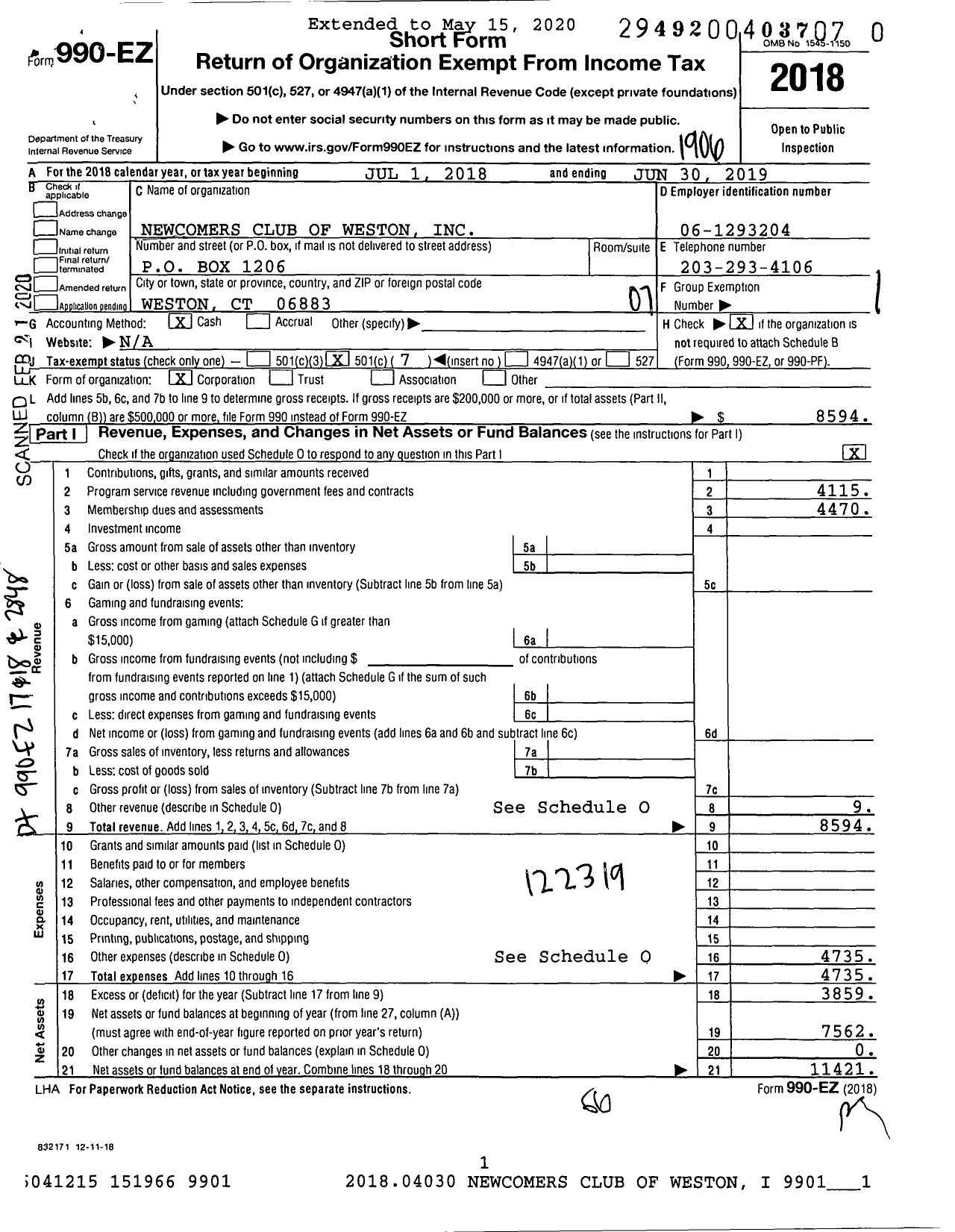 Image of first page of 2018 Form 990EO for Newcomers Club of Weston