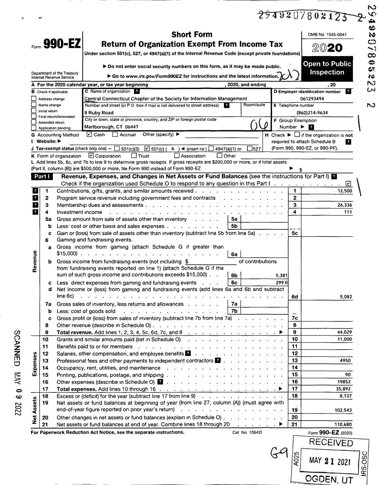 Image of first page of 2020 Form 990EO for Central Connecticut Chapter of the Society for Information Management