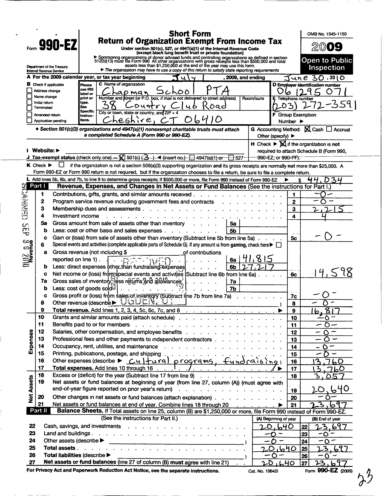 Image of first page of 2009 Form 990EZ for CT PTA - Chapman PTA