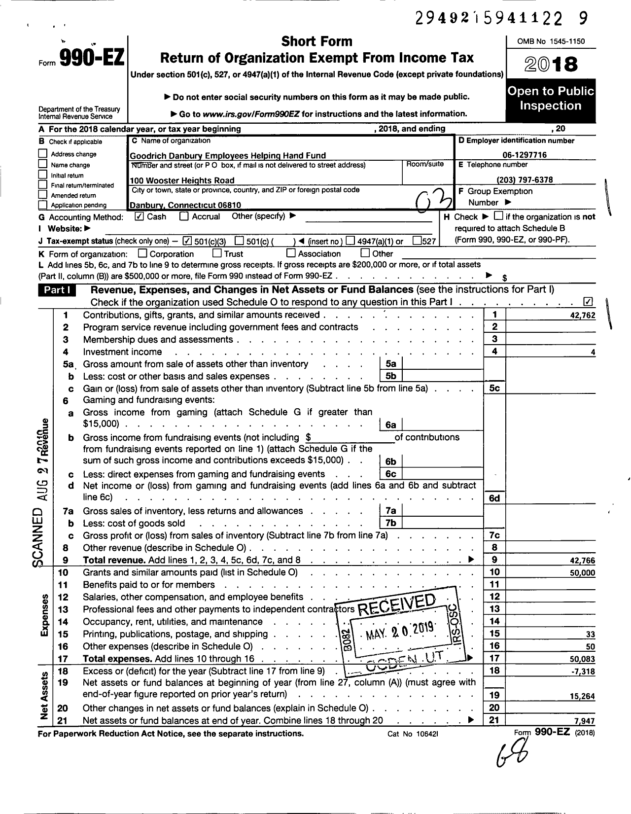 Image of first page of 2018 Form 990EZ for Goodrich Danbury Employees Helpling Hand Fund